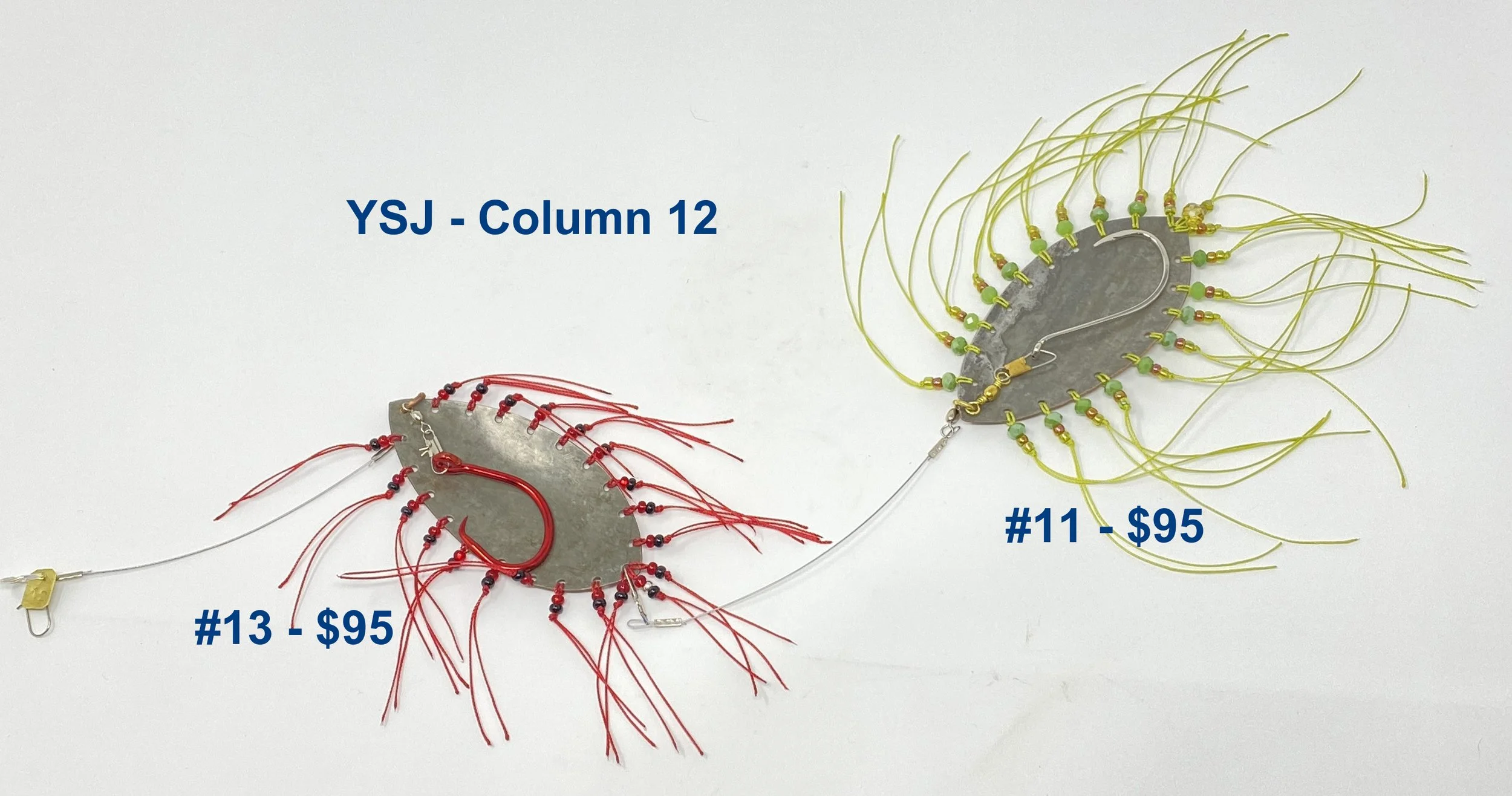 Column 12
#13 - tinned copper, red and black seed beads,
red threads, red hook
$95.00
#11 - tinned copper, opaque pale green faceted
beads, lemongrass threads, silver hook
$95.00