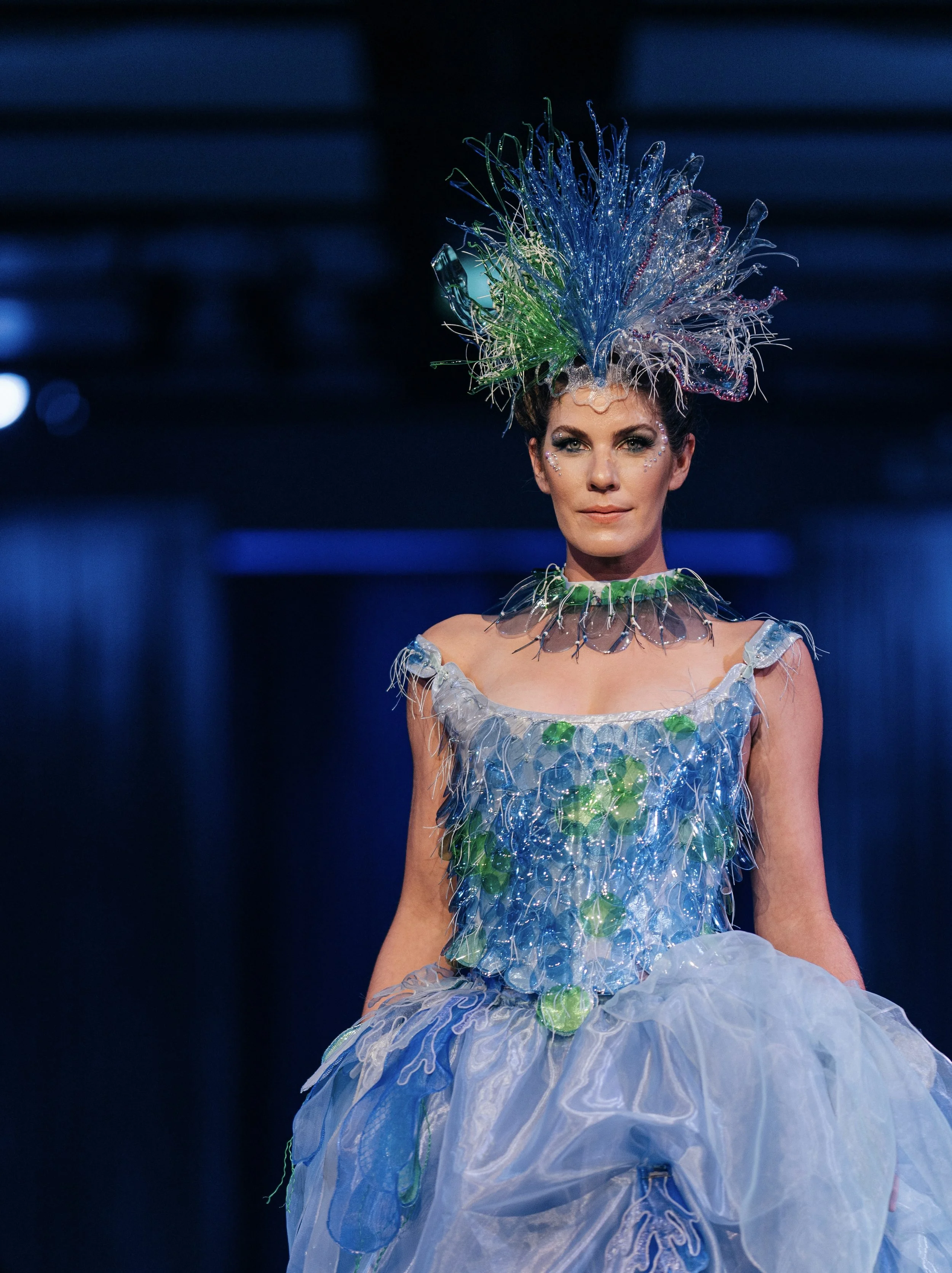"Sea Grasses Invasive"
photo credit Kelly Hofer
worn by Cassandra Guerin 
Awaken New Depths - Future Oceans International's sustainable fashion event 2024
From the French Revolution through to the Industrial Revolution we introduce our early 19th cen