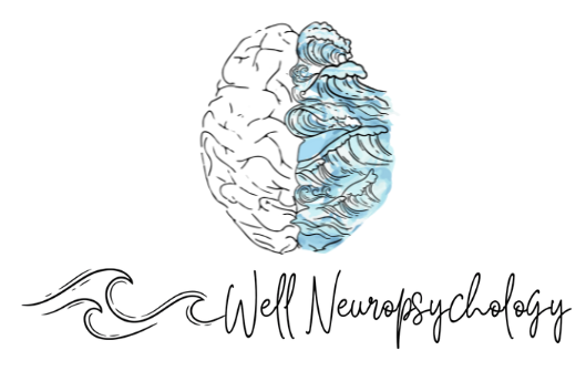 A logo featuring a brain illustration split into two halves, with the right side depicted as a flowing ocean wave, and the text 'Well Neuropsychology' beneath it.