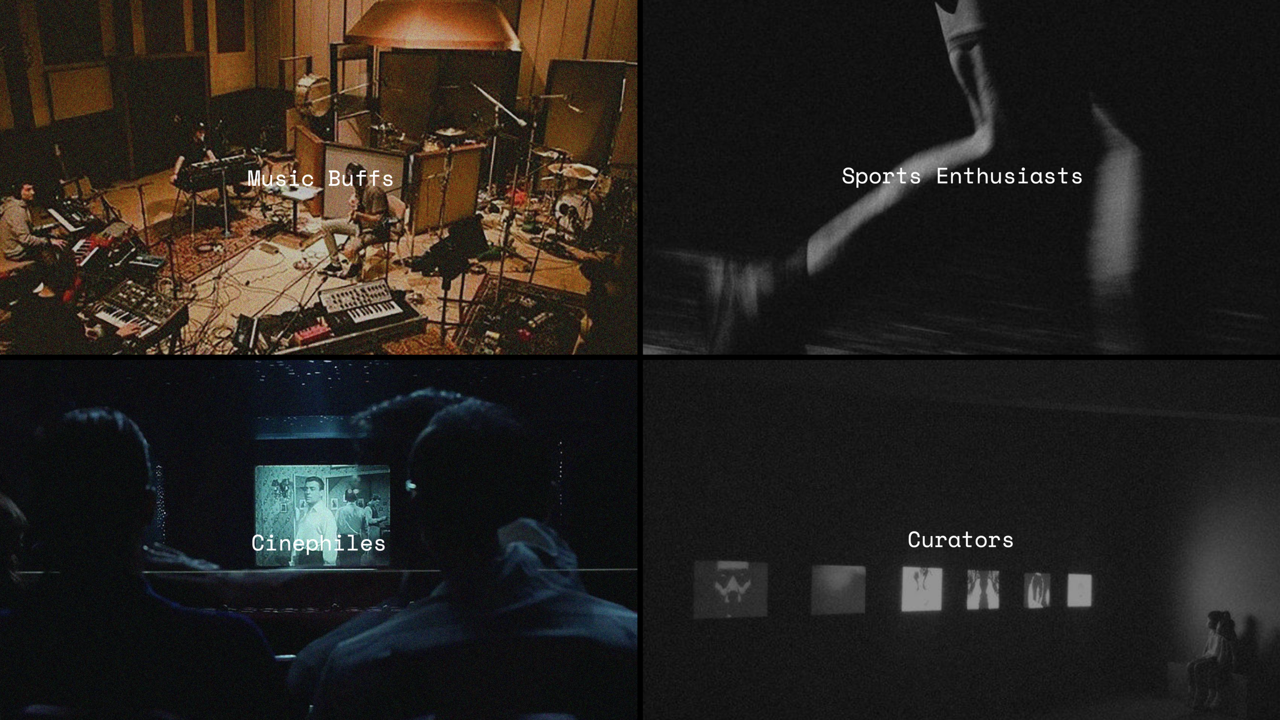 A collage with four images, each labeled with text: Top-left shows a music recording studio with musicians playing instruments; Top-right shows a person in a dark athletic outfit, labeled 'Sports Enthusiasts'; Bottom-left depicts two people watching a movie in a dark theater, labeled 'Cinephiles'; Bottom-right shows an art gallery with several images projected on the wall, labeled 'Curators'.