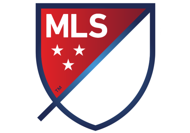 MLS logo featuring a shield divided diagonally, with a red top left section containing 'MLS' and five stars, and a white bottom right section.