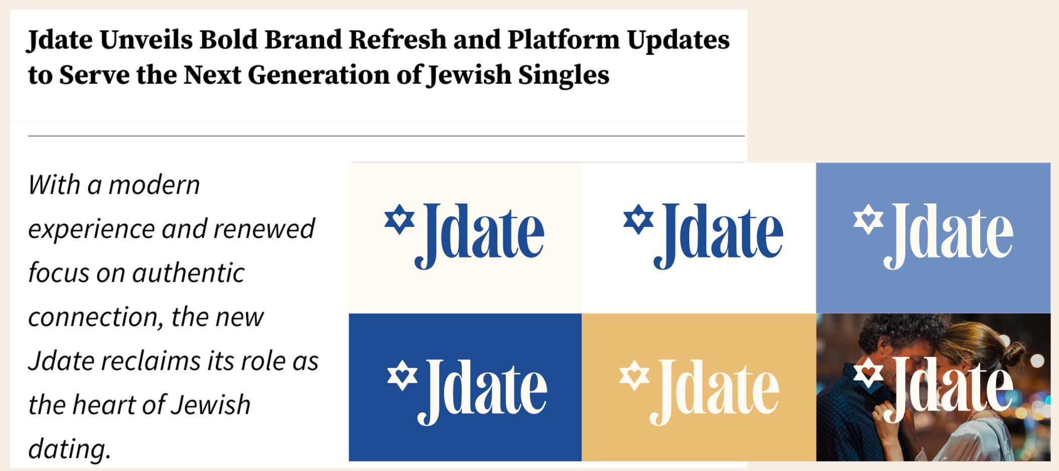 Newsletter announcement about Jdate's brand refresh, featuring logo variations and a photo of young people engaging in conversation at night.