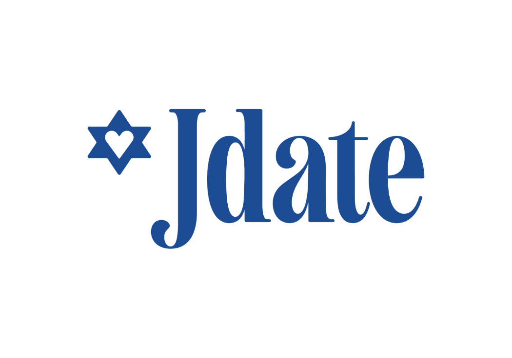 Blue text reading 'Jdate' with a star of David symbol that has a heart in the middle.