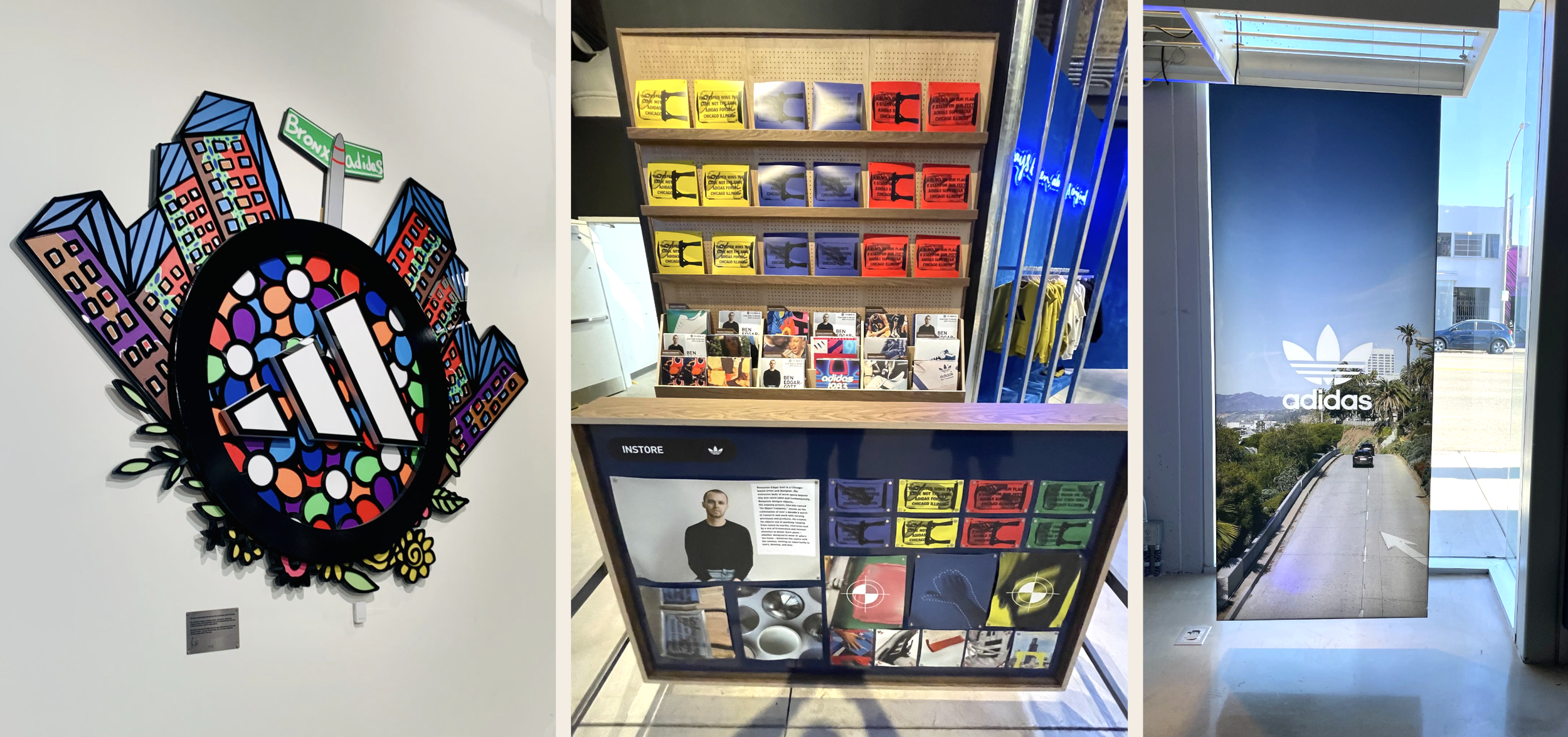 Three images of Adidas store displays. The first shows a colorful neon-style wall art featuring city skyscrapers, a street sign reading 'Bronx' and 'Adidas,' and a large Adidas logo made of multicolored dots. The second is a display shelf with Adidas merchandise and colorful packaging, including shelves of yellow, blue, red, and green boxes, and promotional materials with a man's image and product info. The third depicts a tall mirror with the Adidas logo reflecting a street scene outside with palm trees, cars, and buildings.