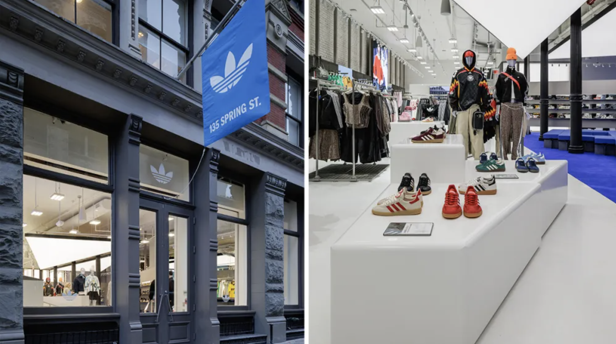 Exterior view of an Adidas store on Spring Street with blue signage, and an interior display of sneakers, clothing, and mannequins.