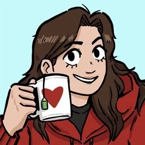 Cartoon of a girl with long brown hair, wearing a red hoodie, holding a white mug with a red heart on it, against a light blue background.