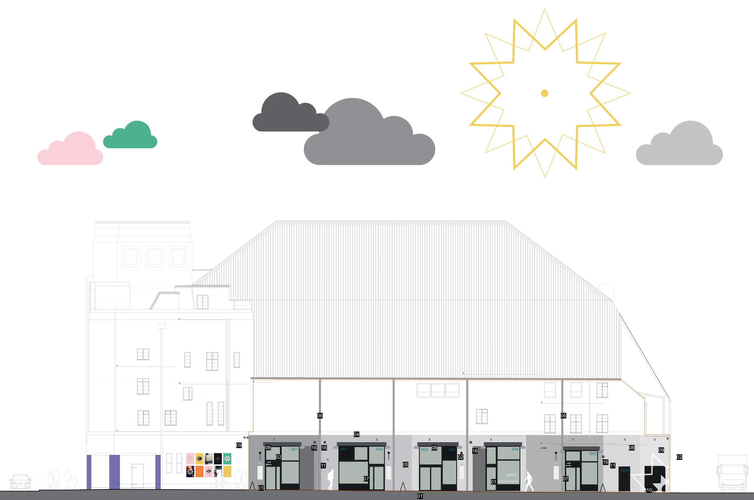 Architectural drawing of a building with colorful icons and clouds in the sky above.