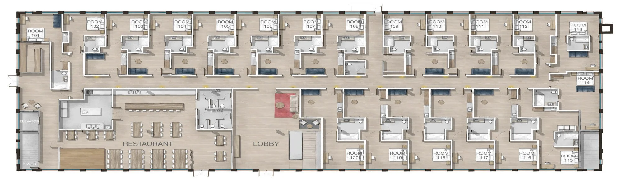 Illustrated map of first-floor amenities at The Skowhegan, featuring the Lobby, Rooms, and restaurant.