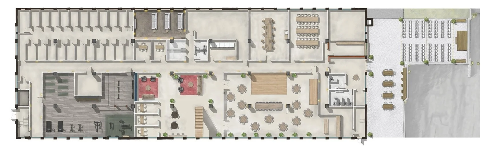 Illustrated map of basement amenities at The Skowhegan, including the fitness center, co-working space, and restaurant.