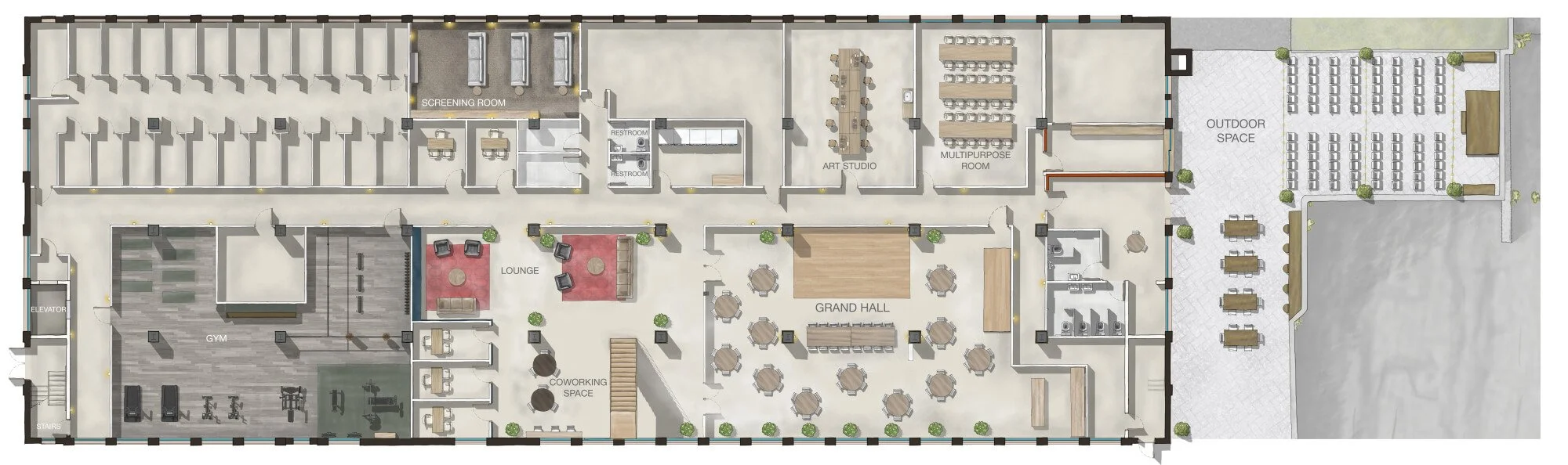 Illustrated basement amenities map of The Skowhegan showing the gym, co-working space, lounge, grand hall, art studio, screening room, multipurpose room, restaurant, restrooms, elevator, and outdoor space.