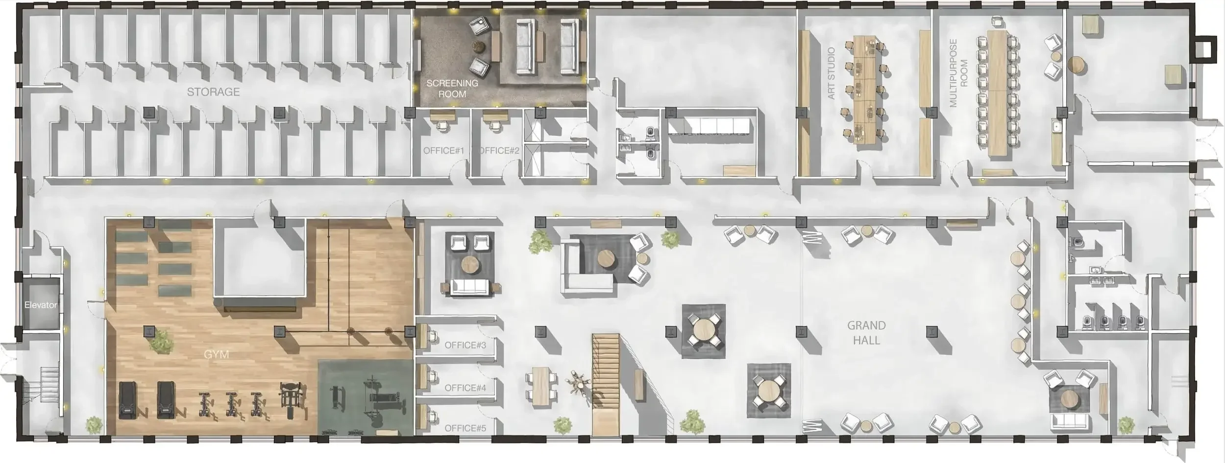 Illustrated map of amenities at The Skowhegan including fitness center, co-working space, and restaurant