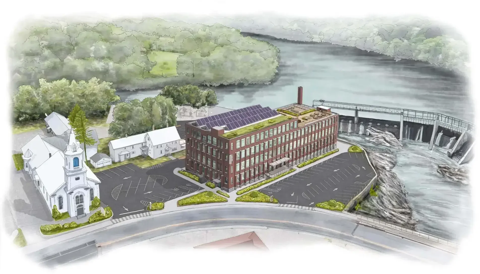 Illustrated aerial view of The Skowhegan mill building next to a river and dam.