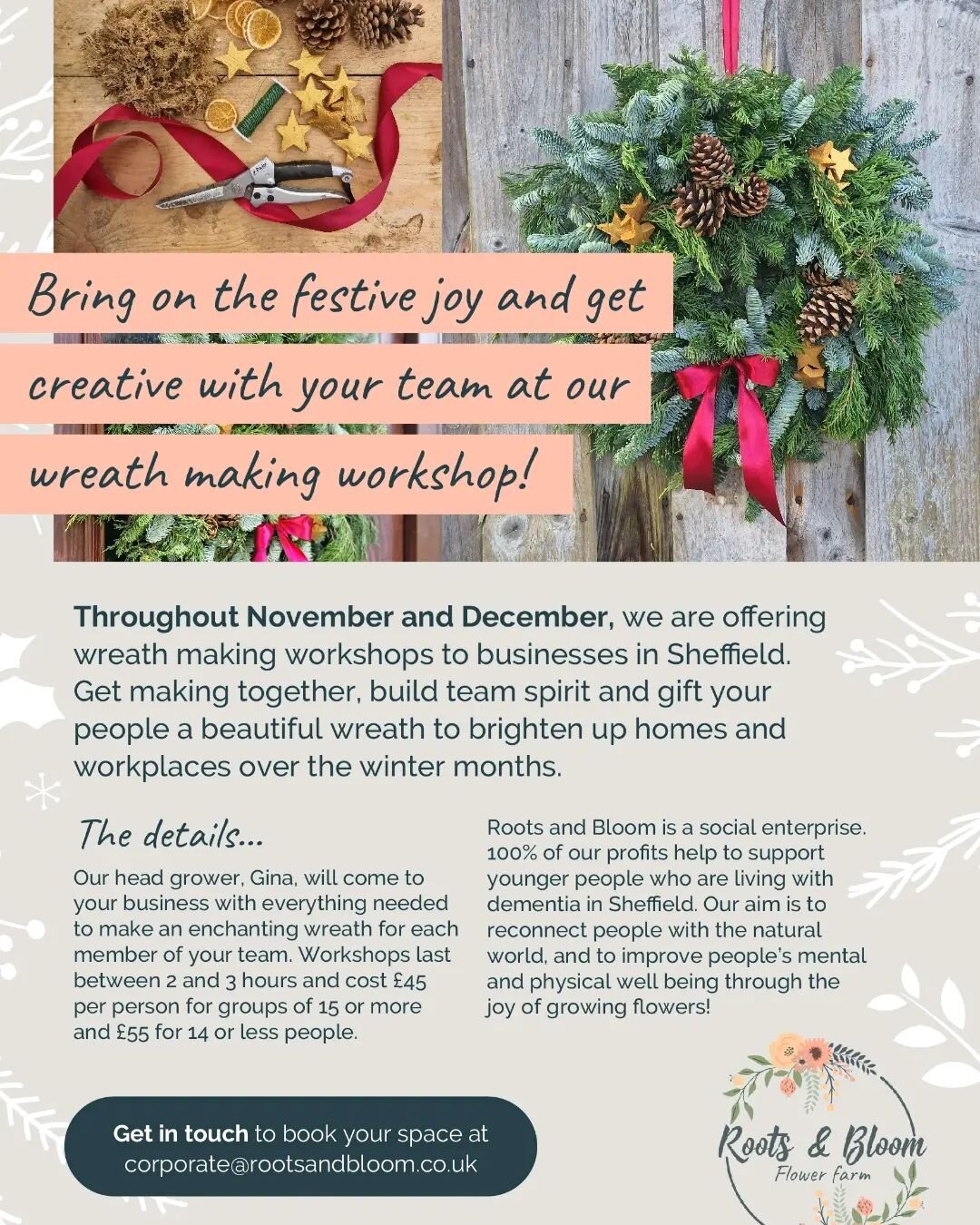 @rootsandbloomsheffield are offering wreath making workshops to Sheffield businesses throughout November and December. Build team spirit and gift your people with a beautiful wreath, and memories of the Season.
@rootsandbloomsheffield also offer wrea