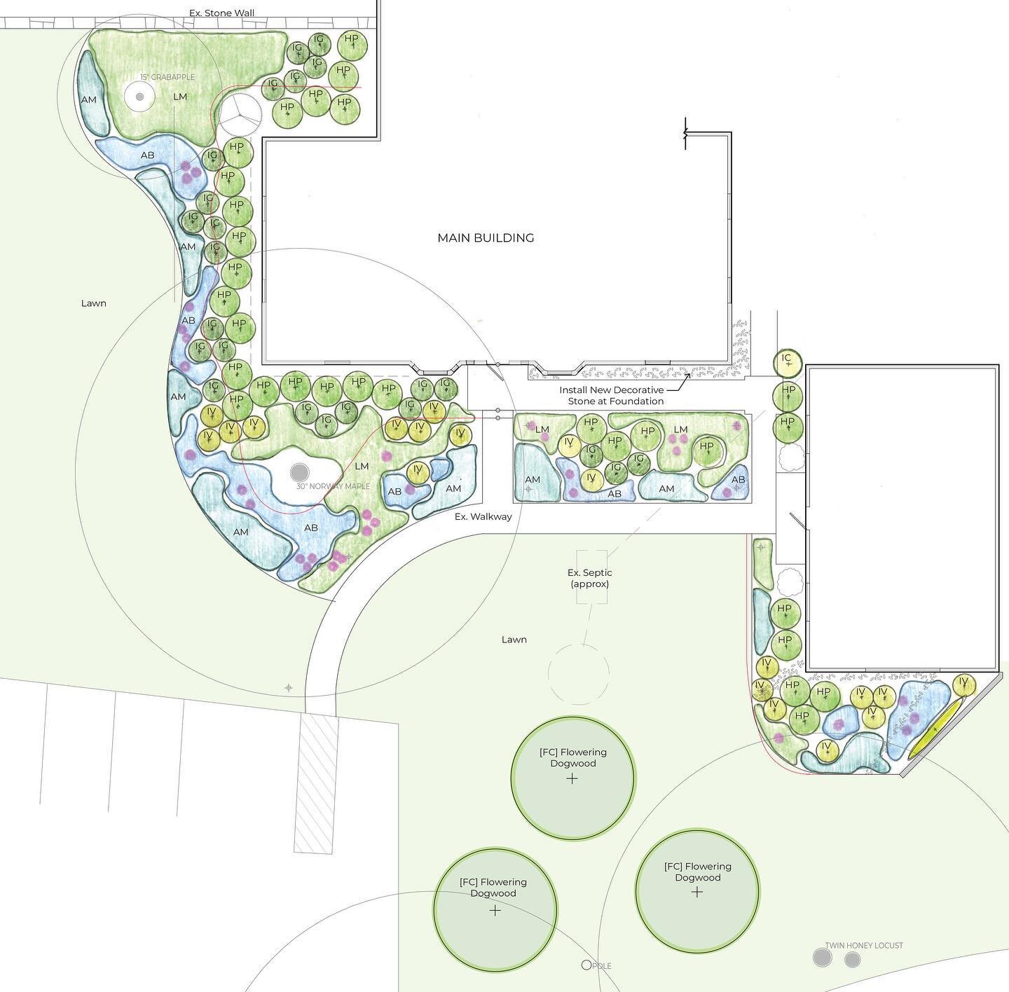 Schematic Planting Design for a local publishing company 

four season interest ✔️

healthy balance of native &amp; ornamental plants ✔️

eye catching curb appeal ✔️