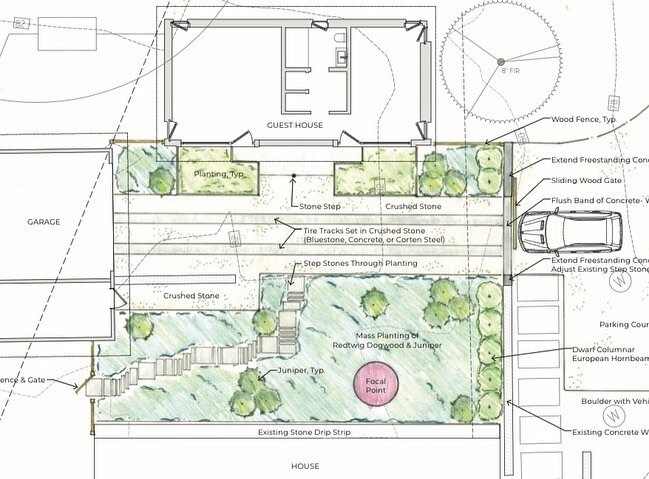 Schematic design concepts for a courtyard nestled between an existing home, garage, and new guest house 

Architect for the existing house &amp; new guest house: @joebmoorepartners 

General Contractor: @evergreenbuildingsystems