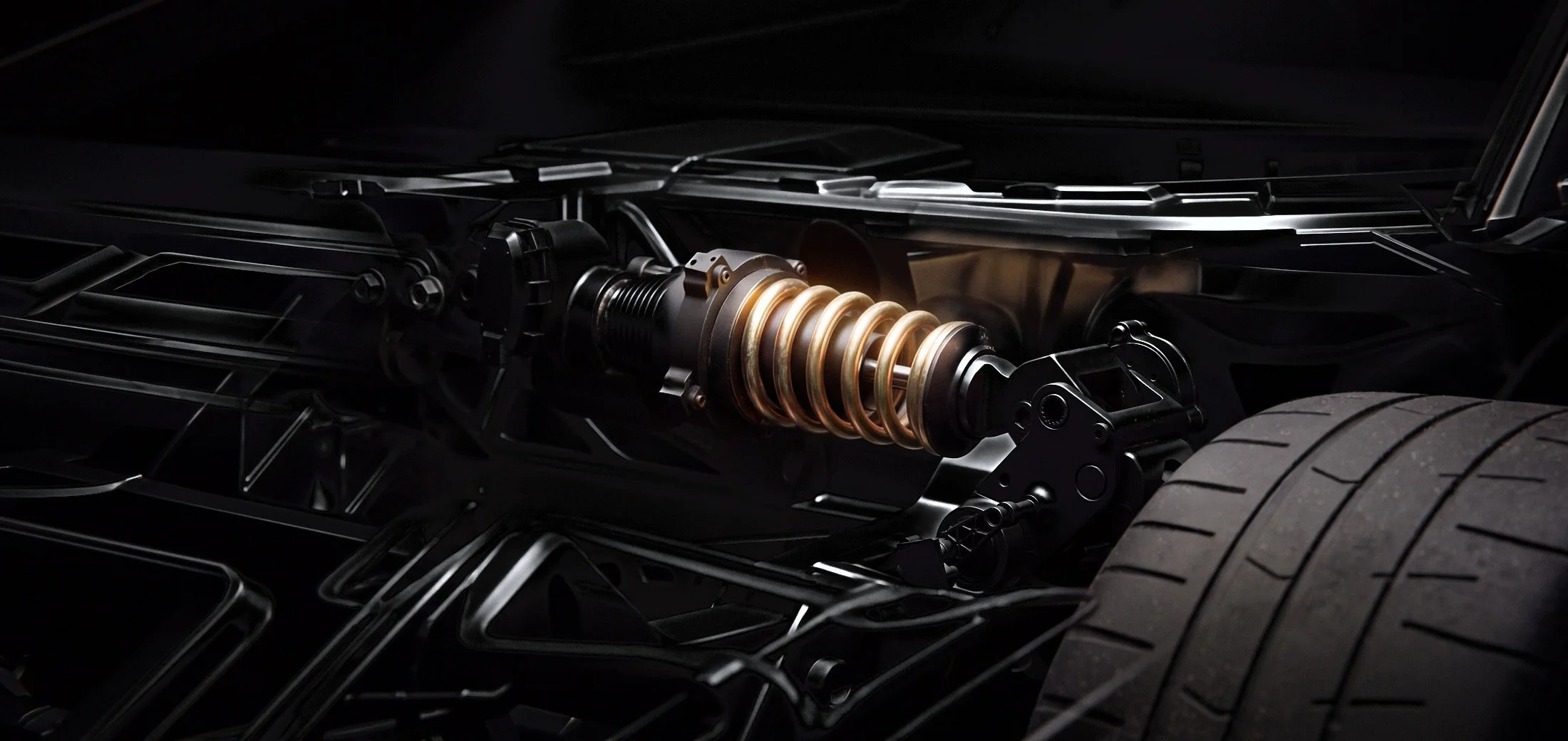 Digitally edited Tesla photo: close-up of the Roadster suspension and wheel, chassis in gloss black.