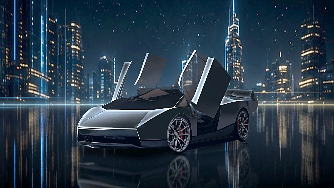 Digitally edited Tesla photo: a black Tesla Roadster on a bright city street with both gull-wing doors raised.