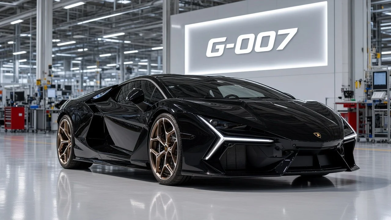 Gloss black Lamborghini Revuelto G-007 on the factory floor at Sant'Agata Bolognese