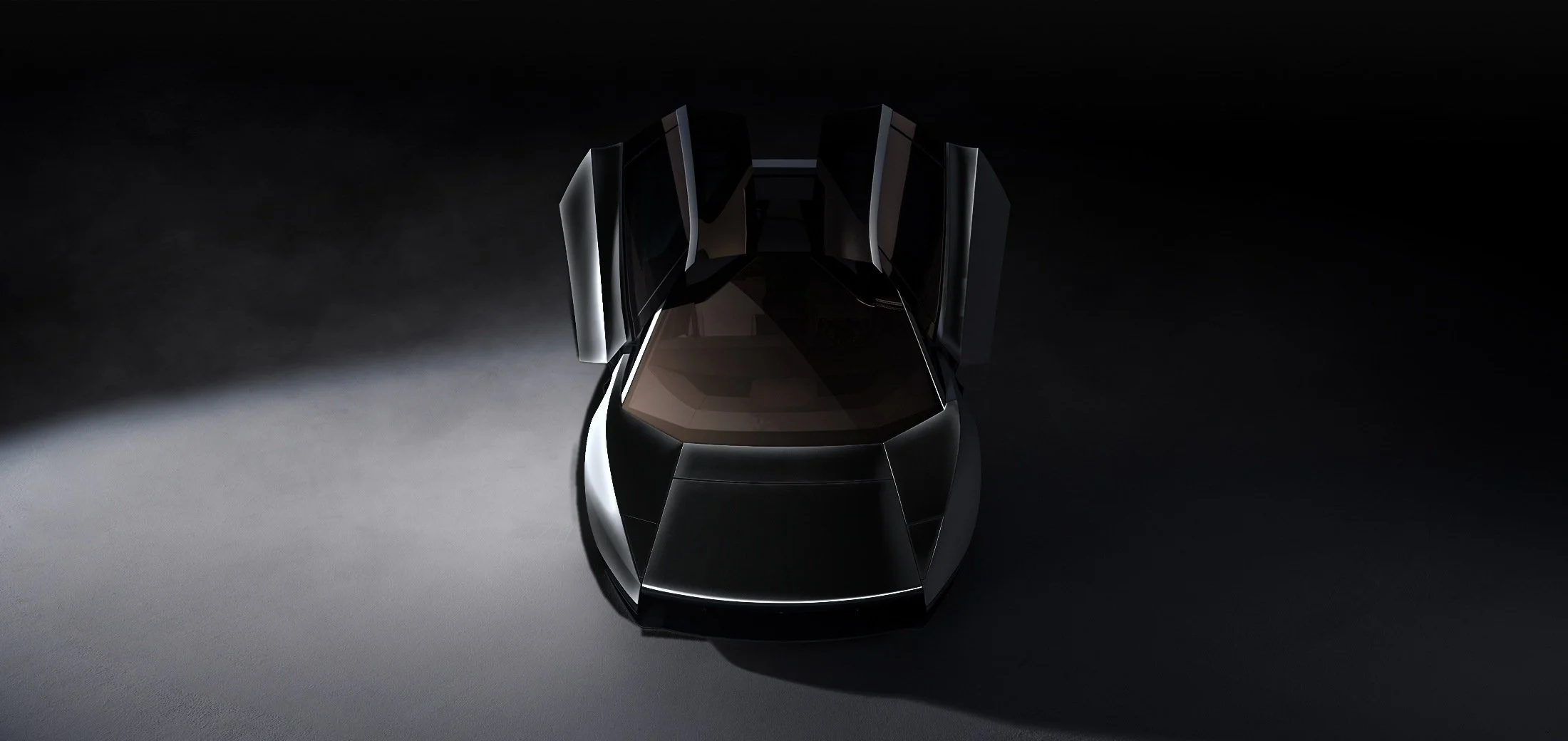 Digitally edited Tesla photo: a gloss black Roadster, front view, doors raised, with gold-tinted glass.