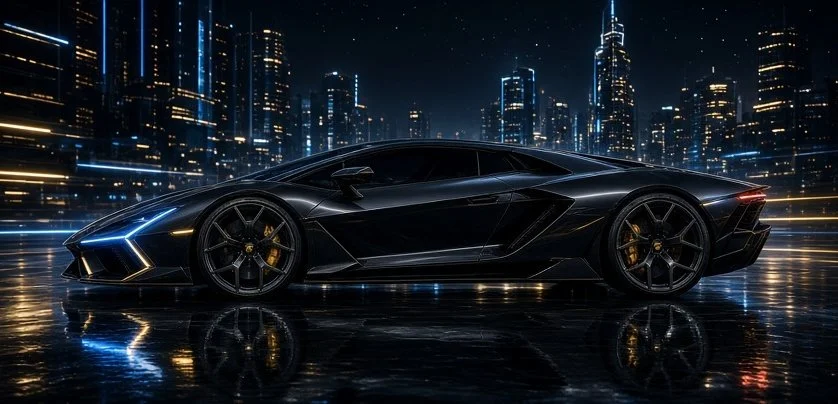 Concept art of a Lamborghini Revuelto in front of a future city