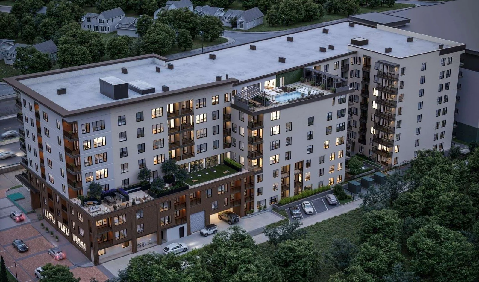 Leopold at Knox rooftop pool terrace at night (rendering)