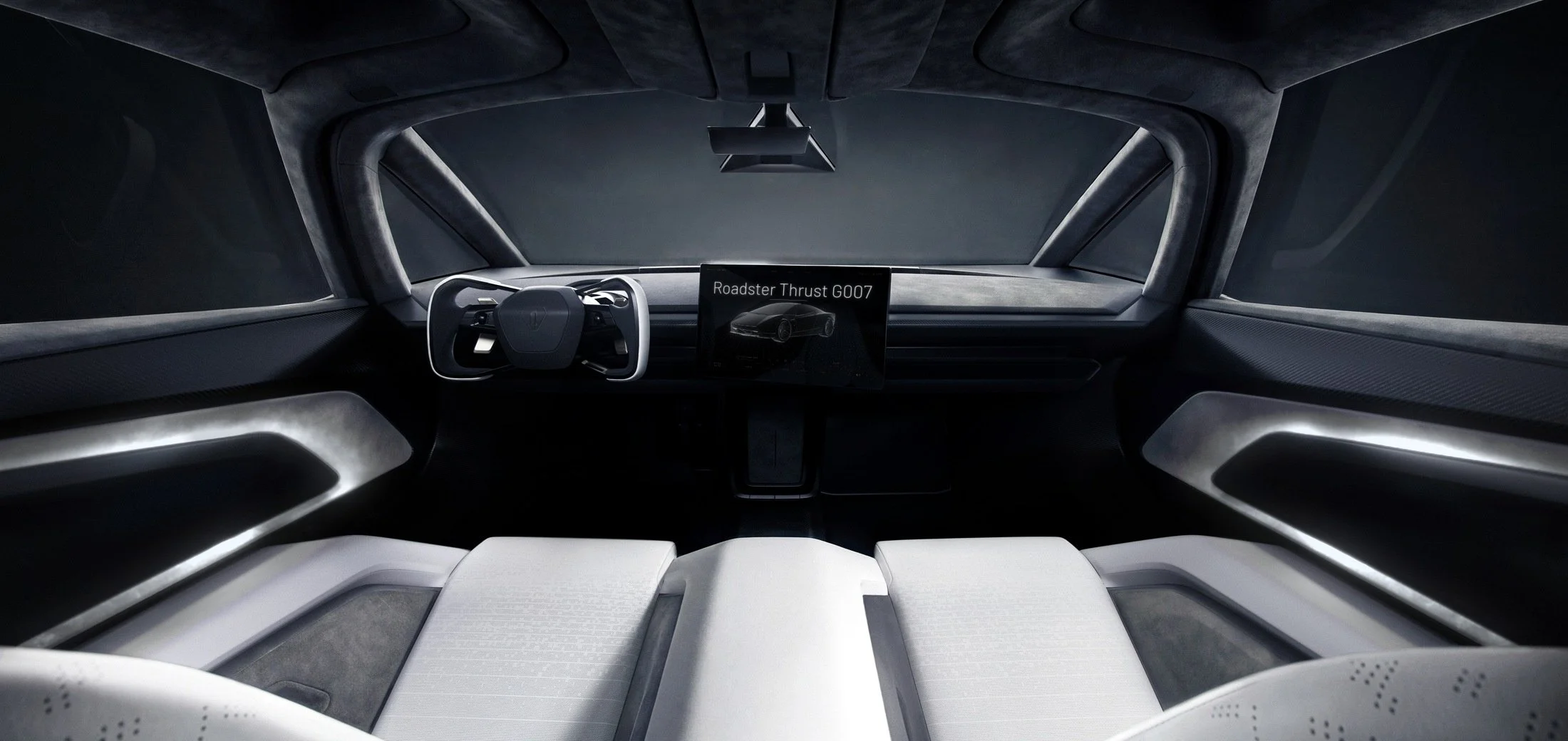 Digitally edited Tesla photo: the Roadster's white interior and yoke, lit by a white ambient glow, with a custom message on the center screen.