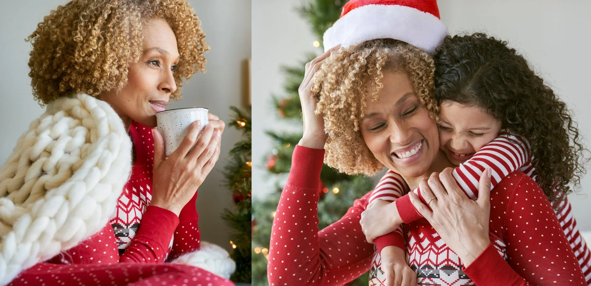 Bright, vibrant Christmas lifestyle photos showing a mom (or grandmother) and daughter embracing and celebrating together. 