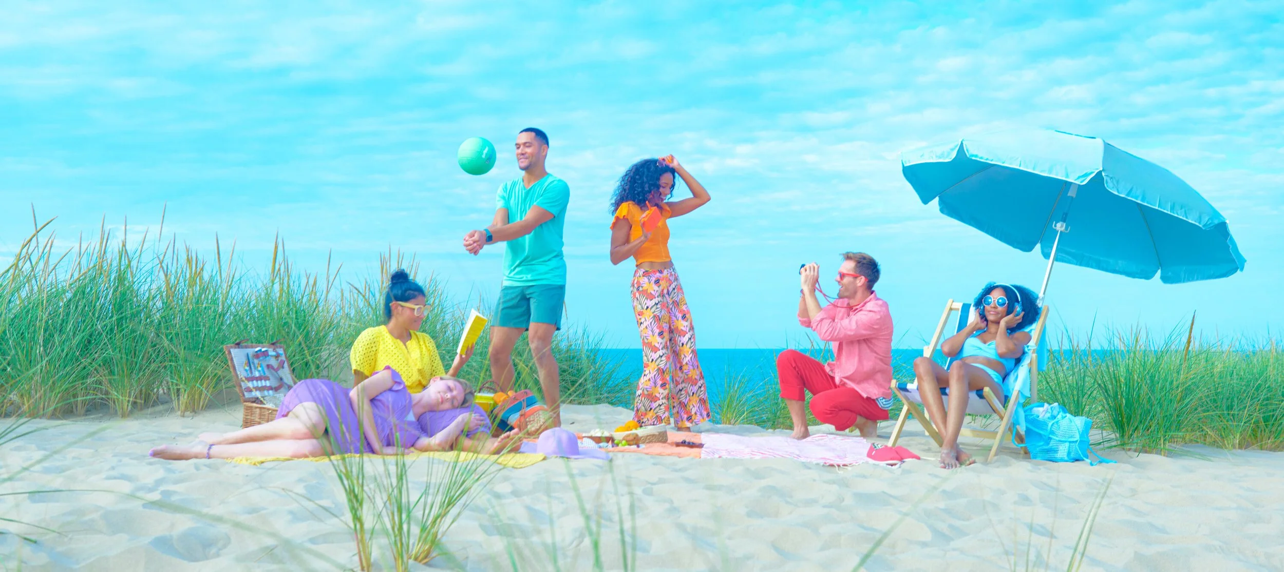 And advertising shot for 1906 New Highs shows adults enjoying a day at the beach. Each person is dressed tonally in bright colors. This campaign by Nathanael Filbert showcases the functionality of cannabis as medicine.