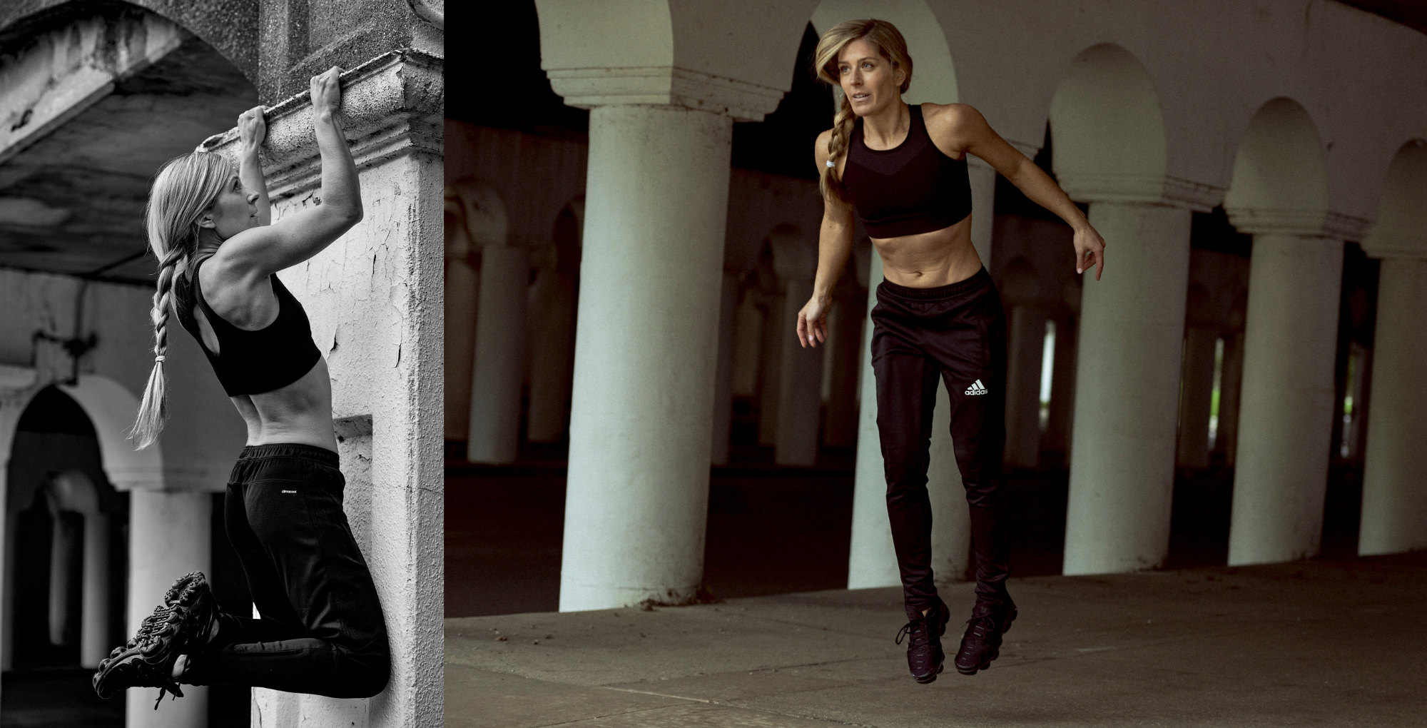Woman in Nike athletic wear climbing and jumping in an urban environment by photographer Nathanael Filbert. 