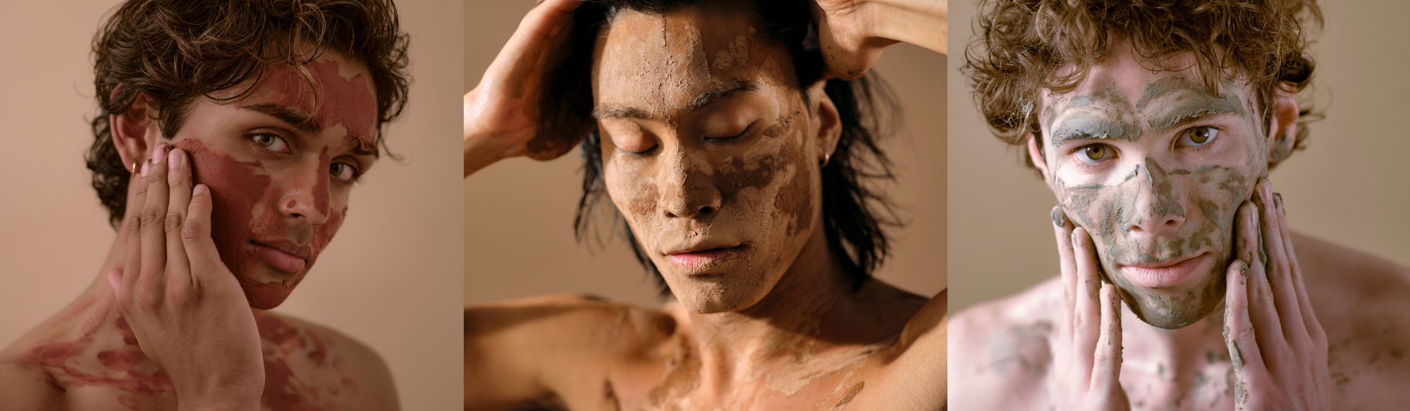 In a test shoot for Lunova skincare, this triptych features 3 men of varying skin tones using clay face masks. Using only the power of lighting, photographer Nathanael Filbert was able to change the single background to match each of the models. 
