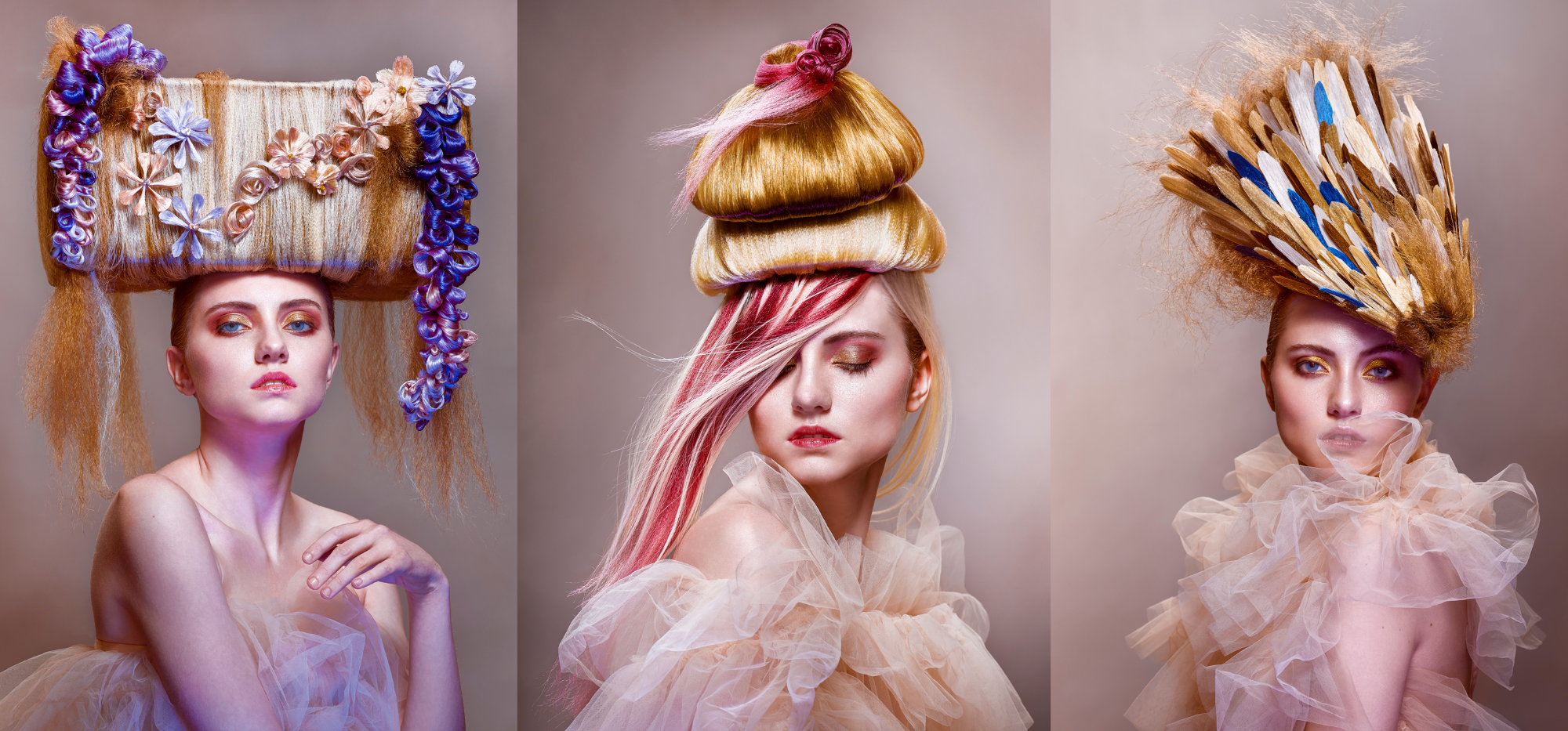 As part of a hair artistry test, commercial advertising photographer Nathanael Filbert captures the bold jewel tones of each of the models against a cloudy, dreamlike mauve backdrop. 