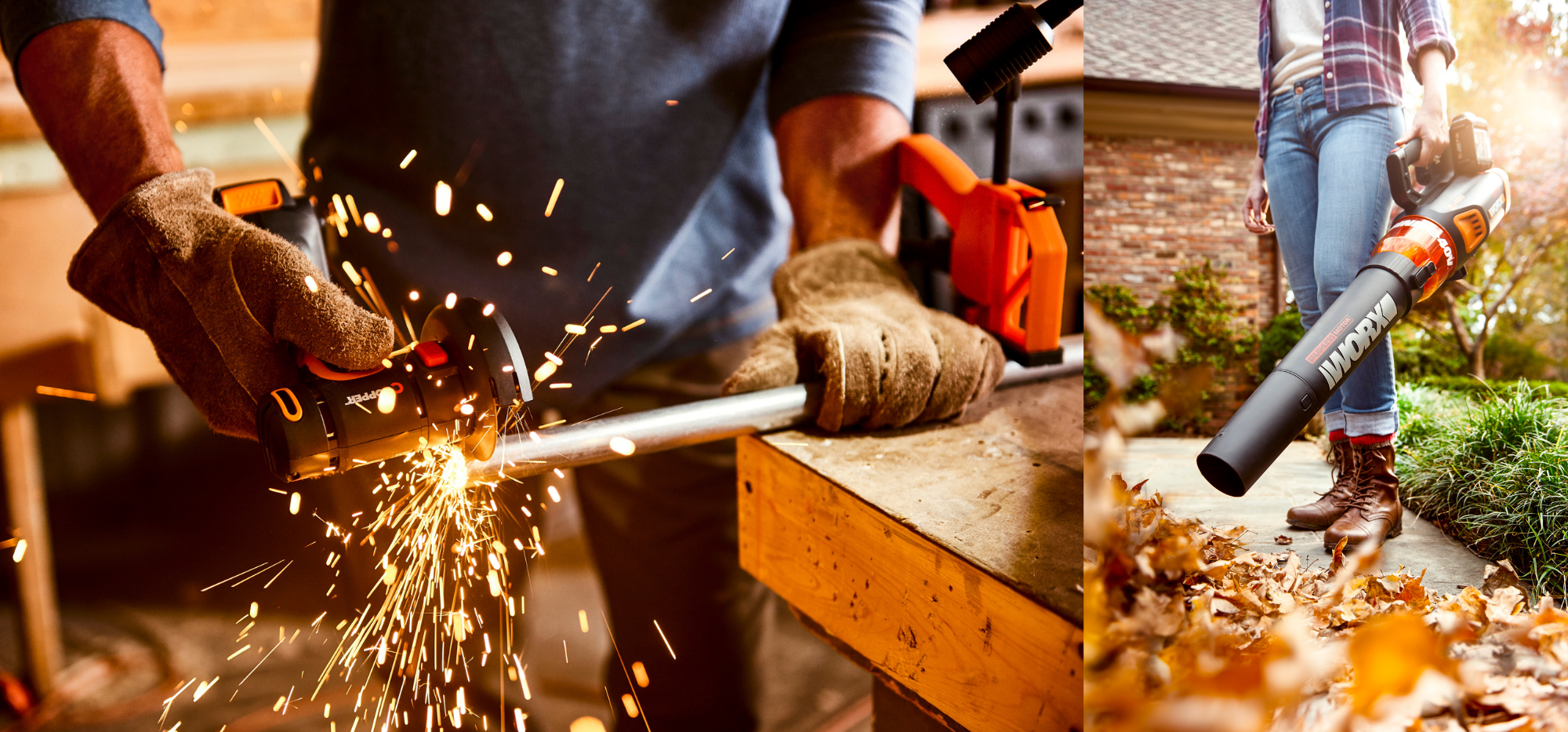 Sparks fly and leaves blow in the duo of Worx advertising photography.