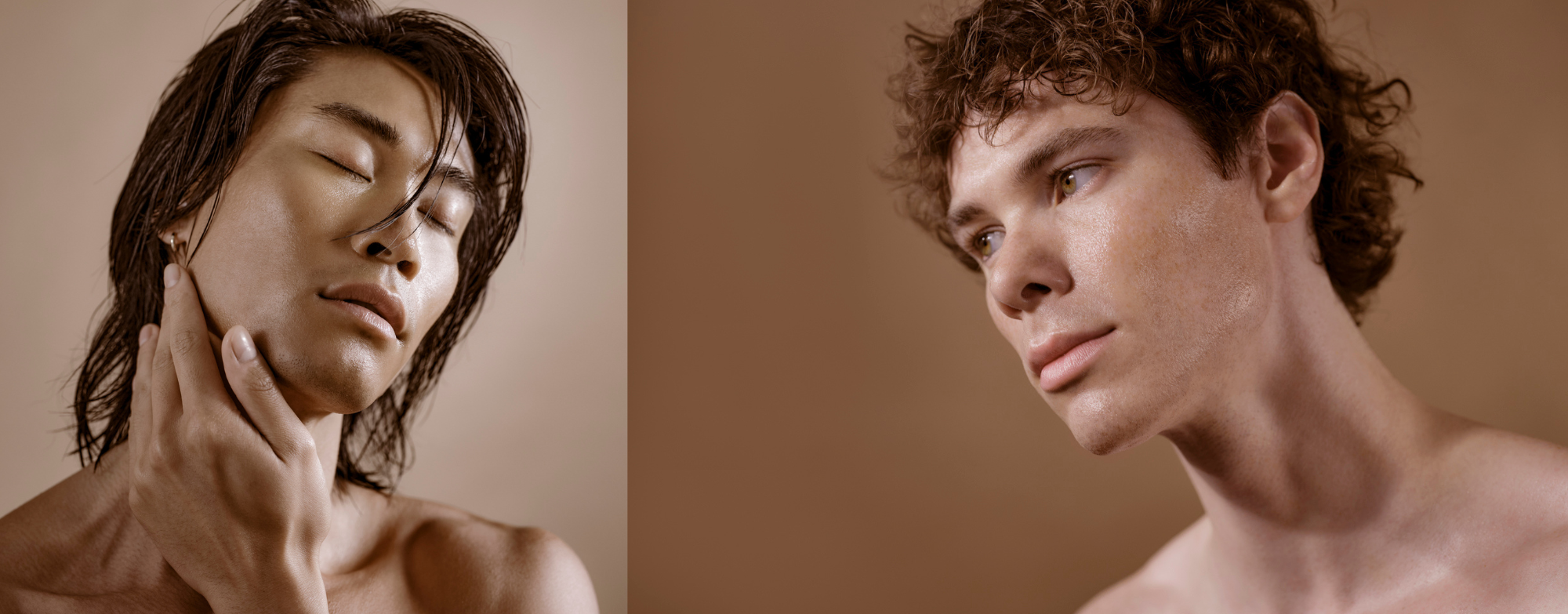 Men set against backdrops that matches each of their skin tones. With dark hair and closed eyes, the man on the left caresses his face. On the right, a man with lighter features looks off camera. Photos by advertising photographer Nathanael Filbert.