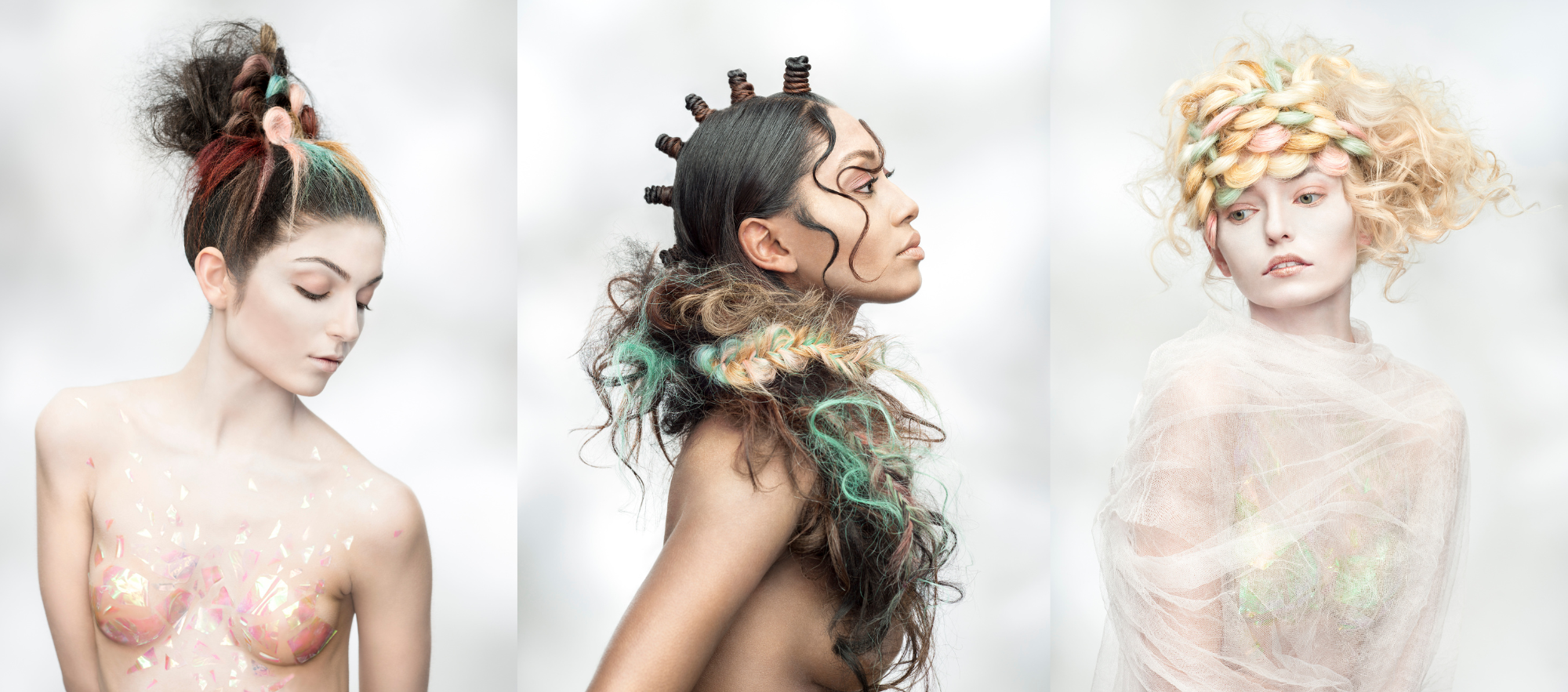 As part of a hair artistry test, commercial advertising photographer Nathanael Filbert captures the ethereal beauty of each of the models against a cloudy, dreamlike backdrop. 