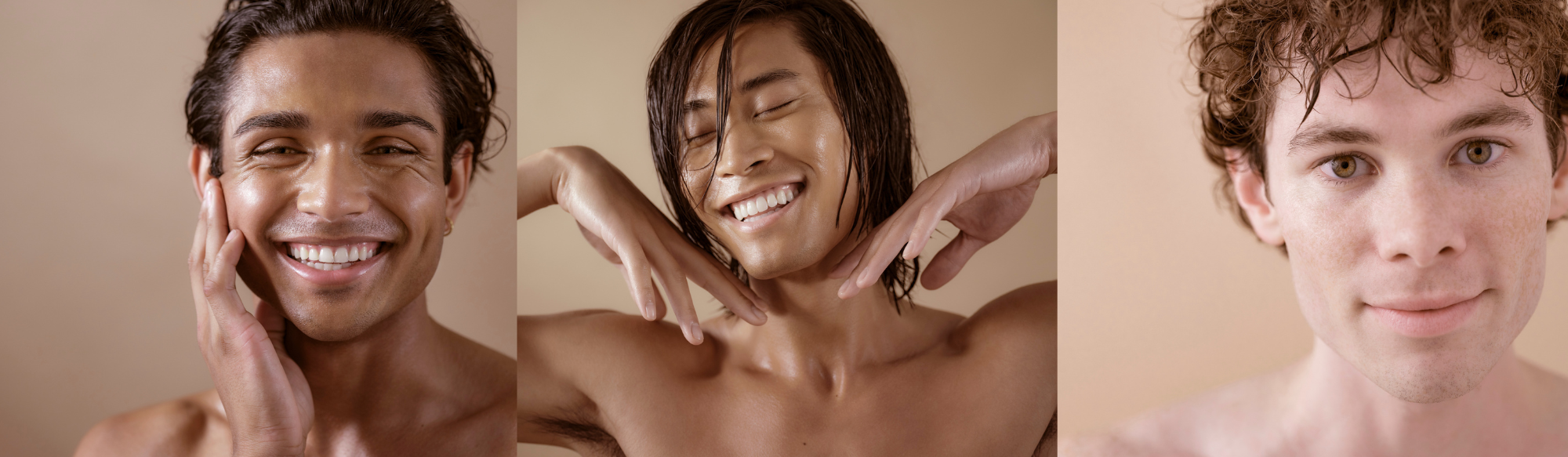 Smiling men showoff their glowing skin in this series of photos from a Lunova skincare test photoshoot by Advertising Photographer Nathanael Filbert. 