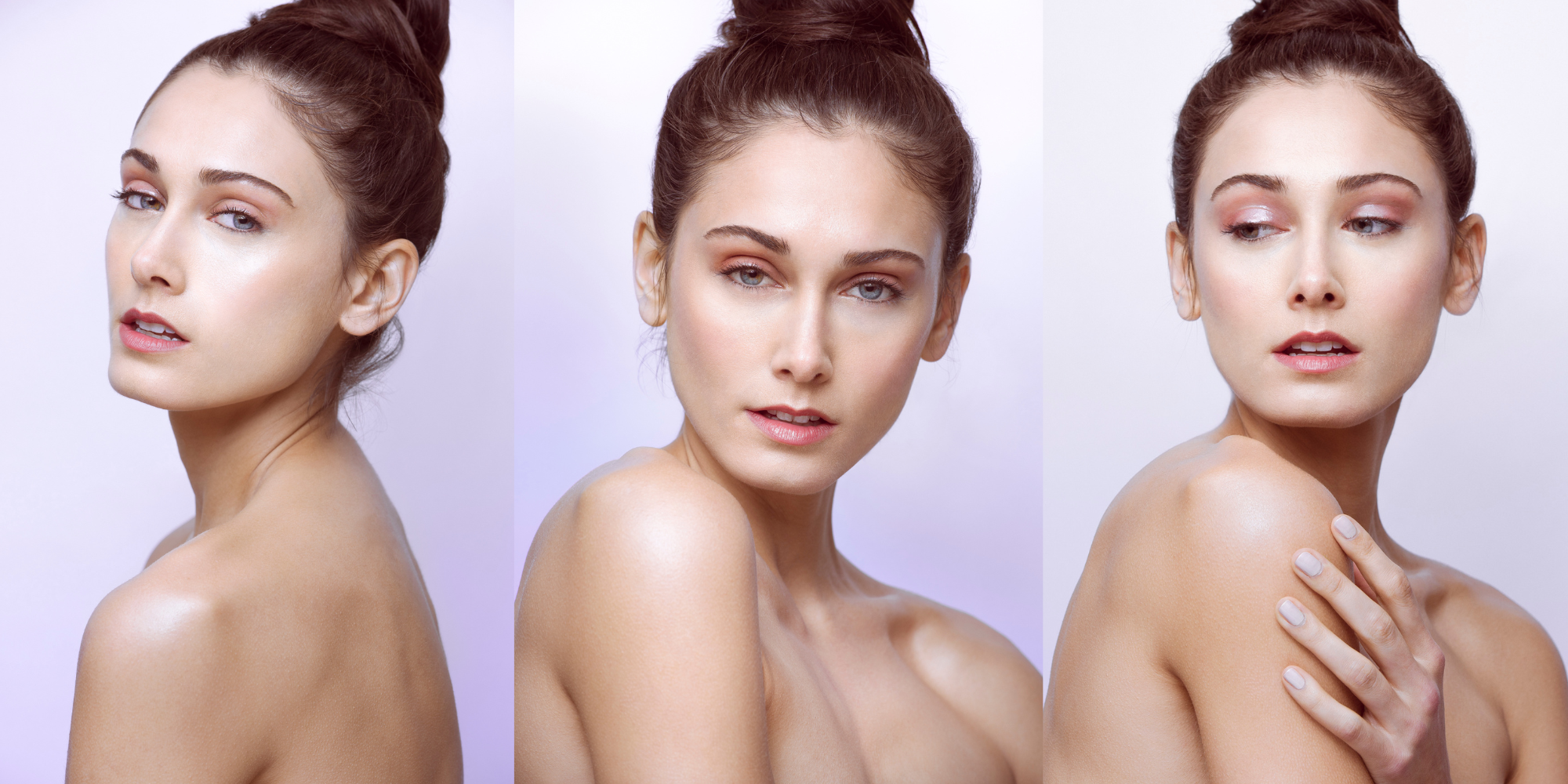 Reminiscent of campaigns by skincare giants like Neutrogena and CeraVe, this triptych of photos highlights a beautiful model set against a pastel purple backdrop. Shot by Chicago photographer, Nathanael Filbert.