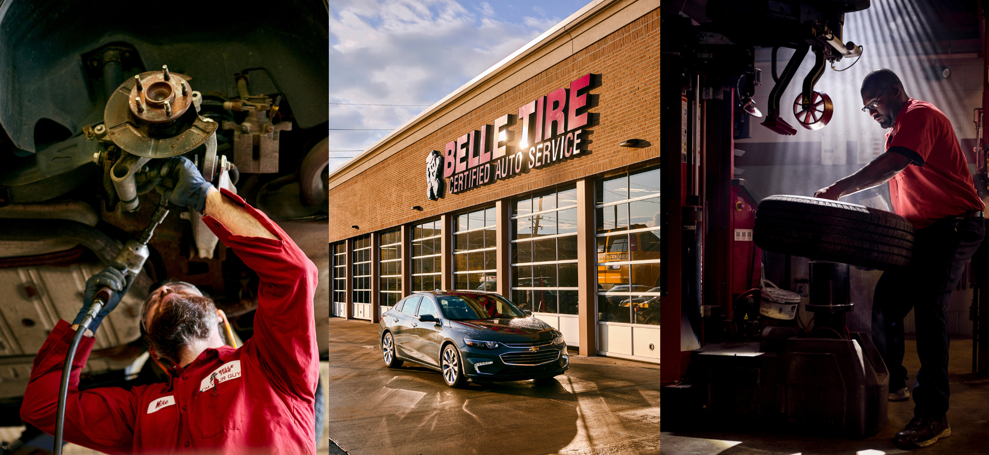A trio of images from a Belle Tire location, featuring employees at work under dynamic and interesting light. 