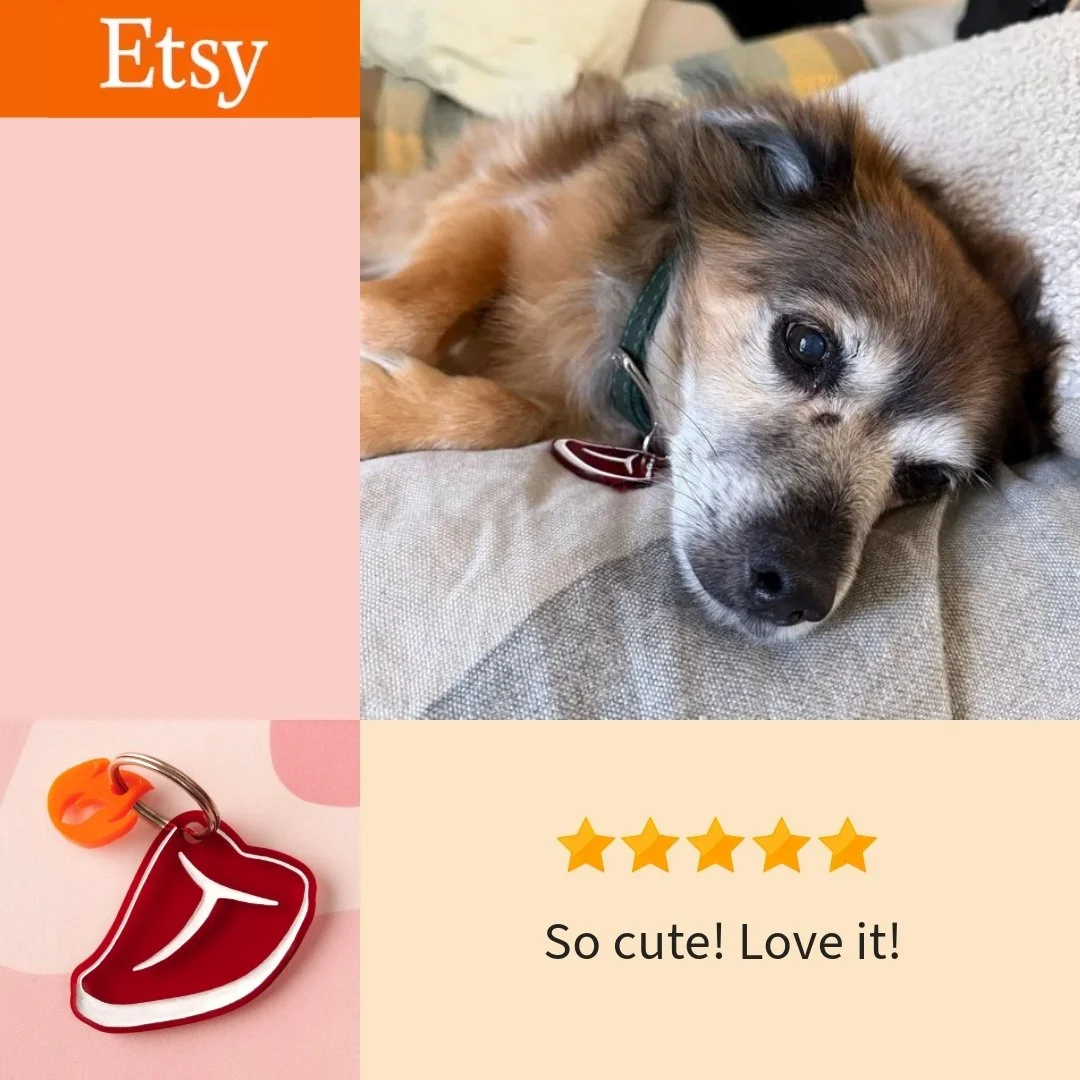 Thank you, Dana, for sharing your adorable photo of Mackey and your review! We're thrilled to see how much you love our T-bone tag. 😍 🥩