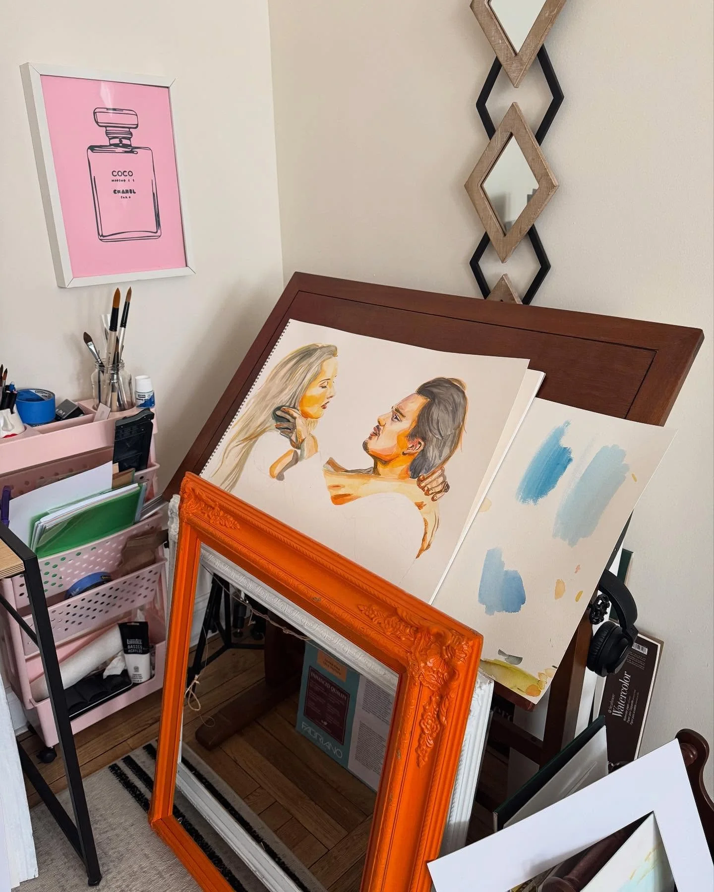 Greetings from my little corner of creative chaos :,)

Struggling to decide if I want to paint the clothes on my Before Sunrise still or just keeping the negative space. Thoughts welcomed !!