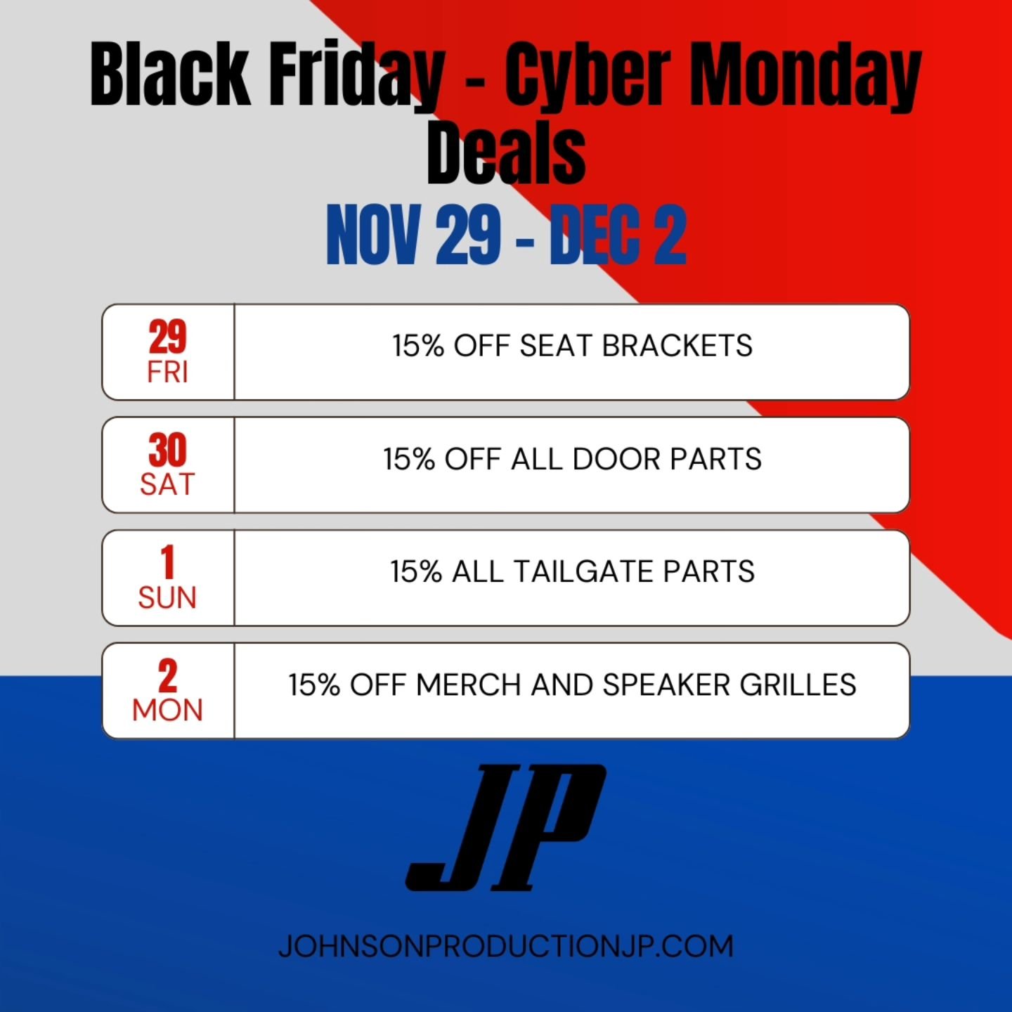 Four days of deals NOV 29 - DEC 20 for Johnson Production Black Friday and Cyber Monday.

Check it out at Johnsonproductionjp.com 

#FullSizeJeep #Wagoneer #Cherokee #J10 #J20 #Jeep #JeepSJ #AMC #FSJ #GW #americanmotors #grandwagoneer #AMCEagle #Eagl