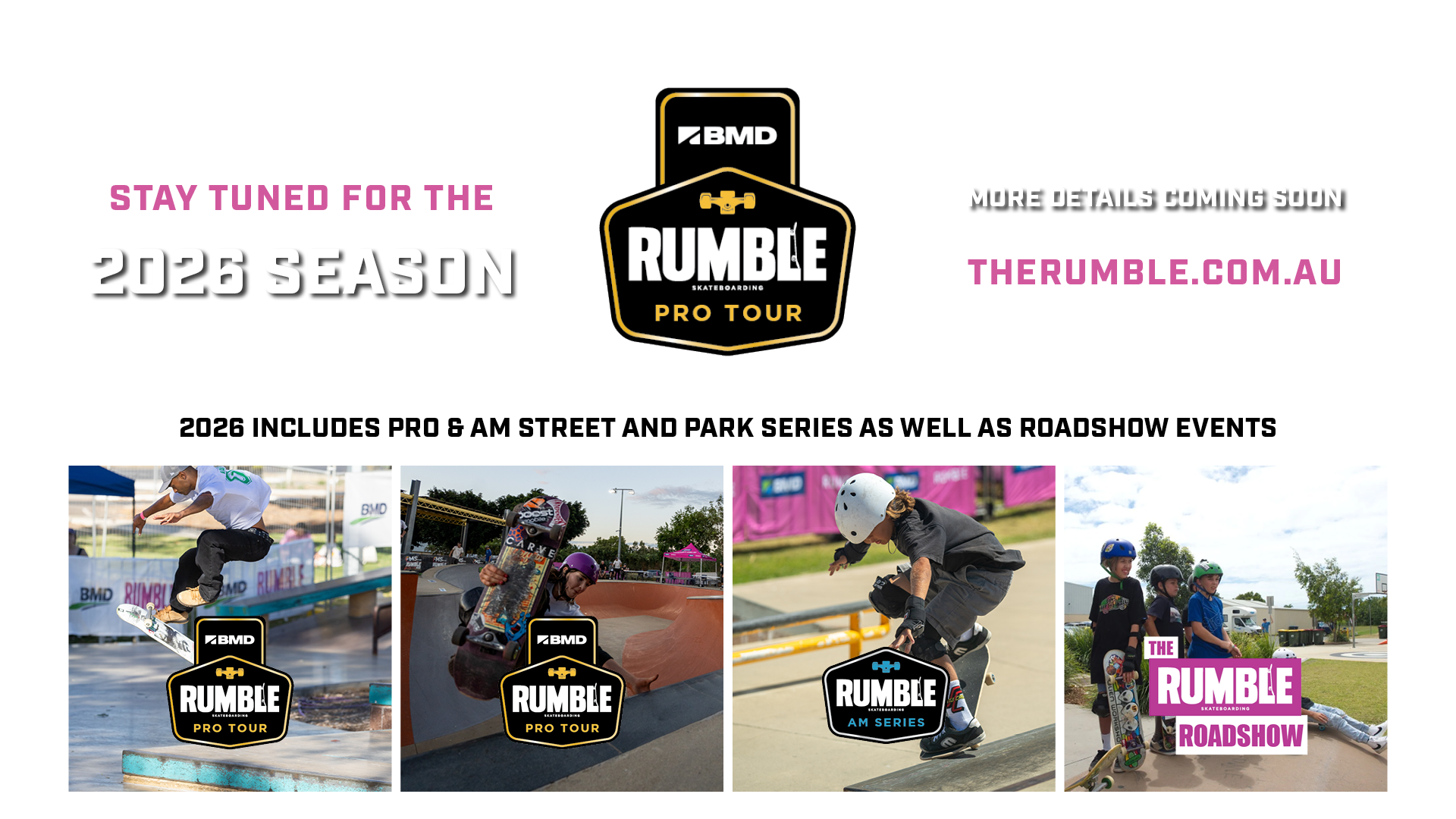 Promotional banner for the 2026 Rumble Skateboarding Pro Tour and Roadshow, featuring images of skateboarders at skate parks and street skating events, with text indicating dates and website.