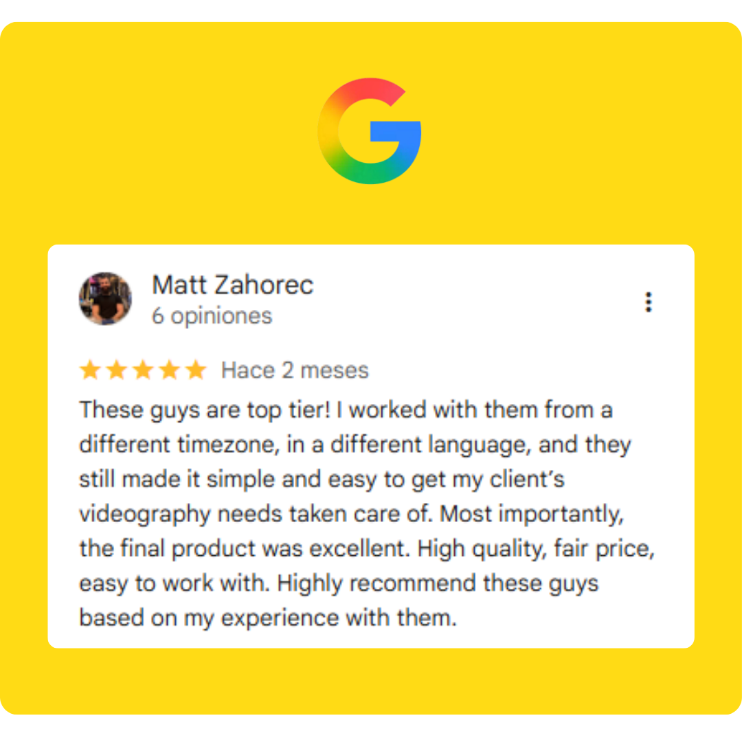 Reseña de un cliente en Google con cinco estrellas, en inglés, recomendando un servicio de videografía. Comentario positivo sobre la calidad, precio y facilidad de trabajo.