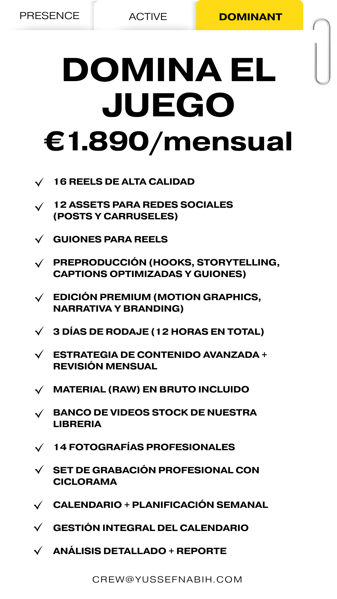 Paquete Domina el Juego de Yussef Co. Madrid: 16 reels, 12 assets, 14 fotos, ciclorama, edición premium, planificación, gestión de calendario y analíticas. 1.890€/mes.