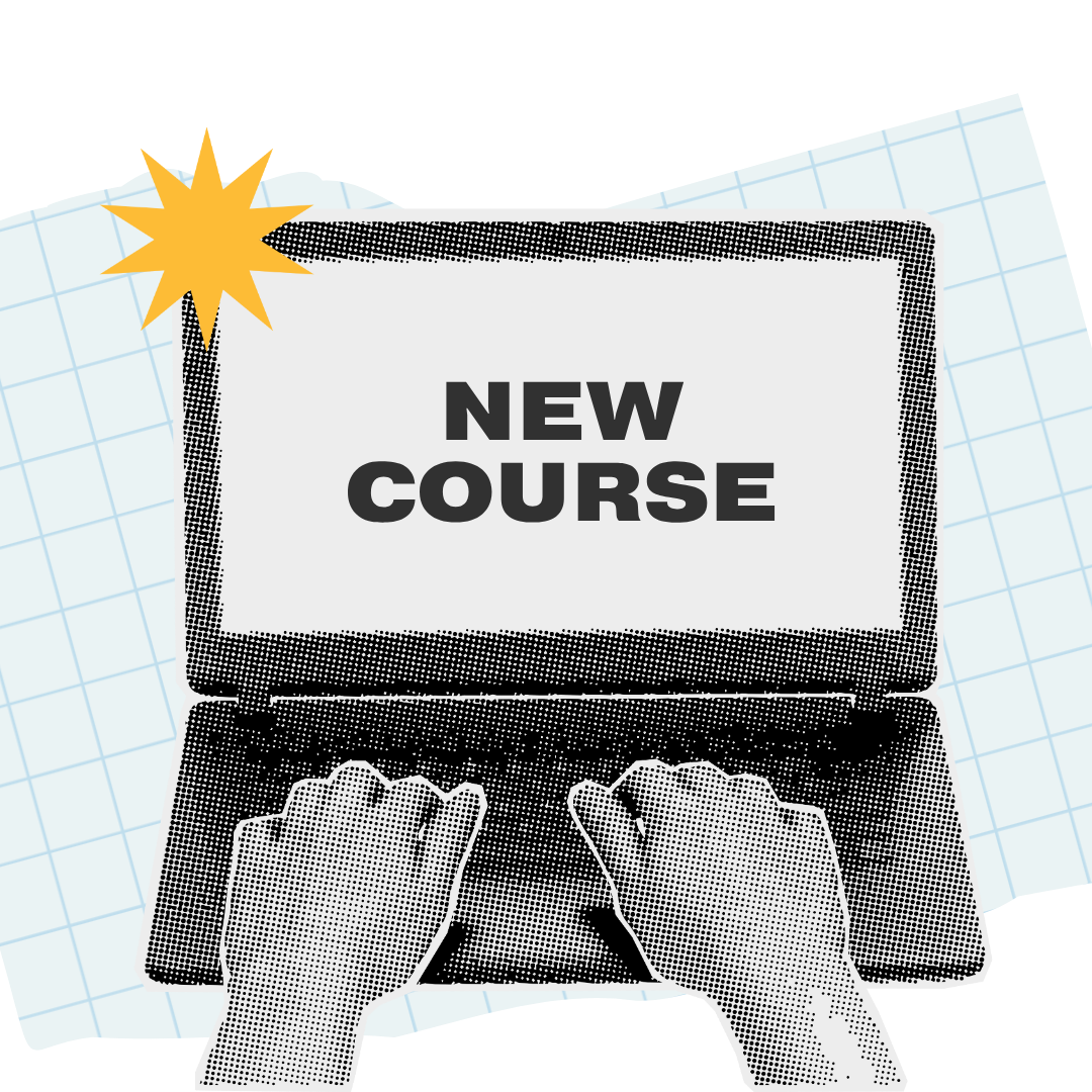 Graphic illustration set showing video editing software on a laptop, hands holding a vintage camera, and hands typing on a laptop with "New Course" text