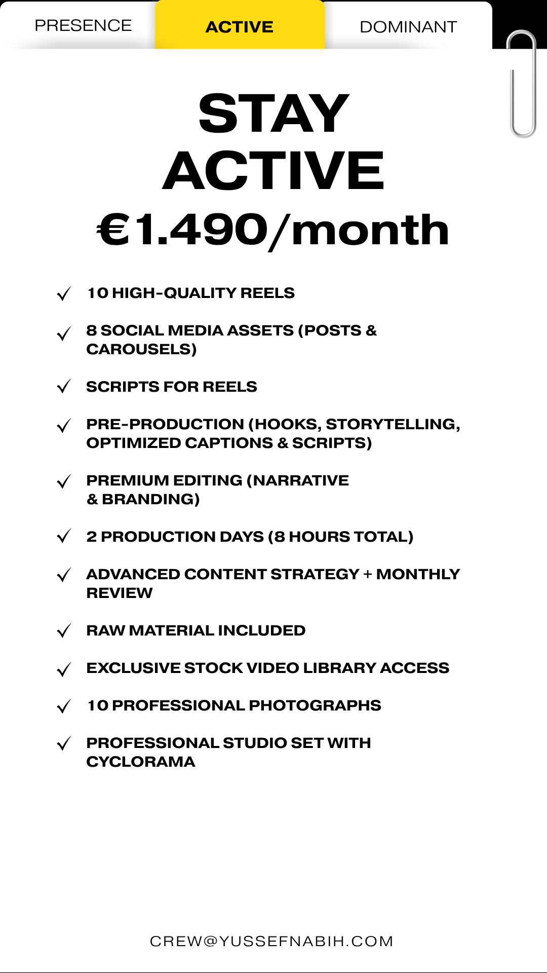 Stay Active Package by Yussef Co. Madrid: 10 reels, 8 social assets, premium editing, 2 shoot days (8h), 10 photos, cyclorama studio, RAW footage. €1,490/mo.