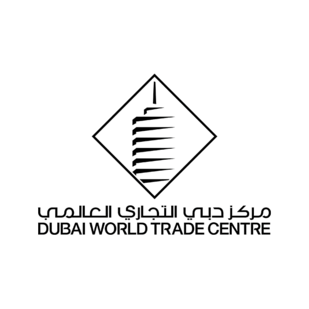 Logotipo del Centro de Comercio de Dubái en negro y blanco.