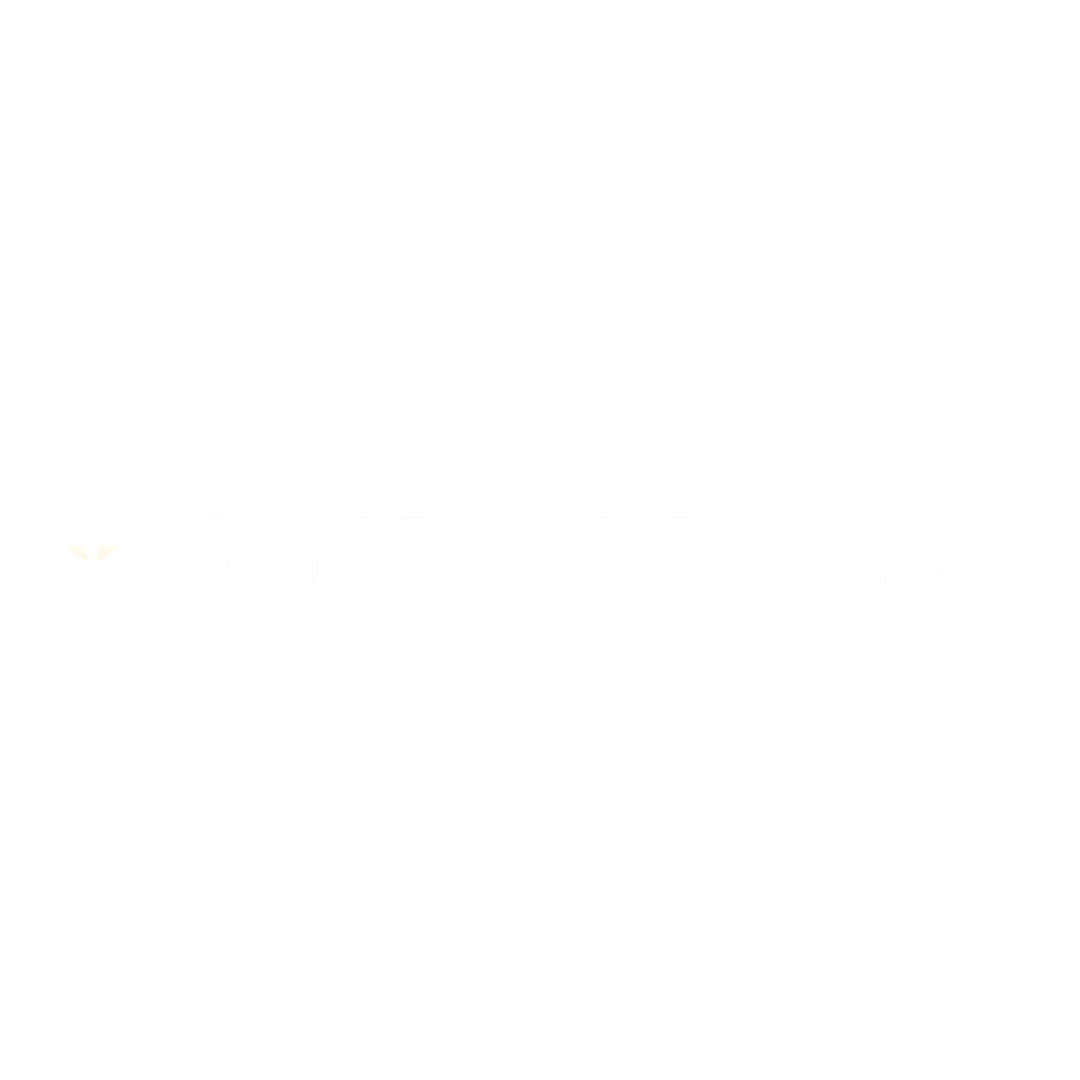 Logotipo de Mindvalley con un símbolo de dos hojas y texto en blanco en fondo negro.