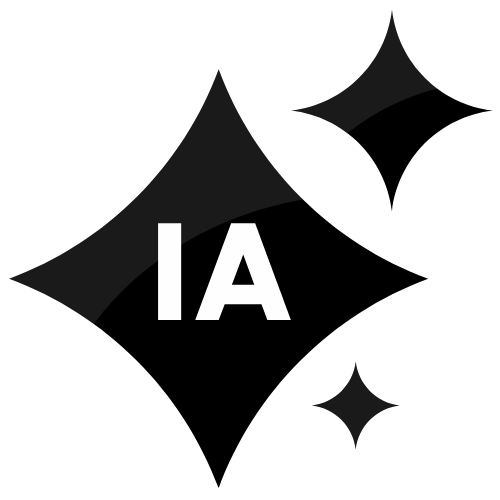 Logo con las letras 'IA' en el centro rodeadas de estrellas y efectos brillantes en un fondo oscuro.