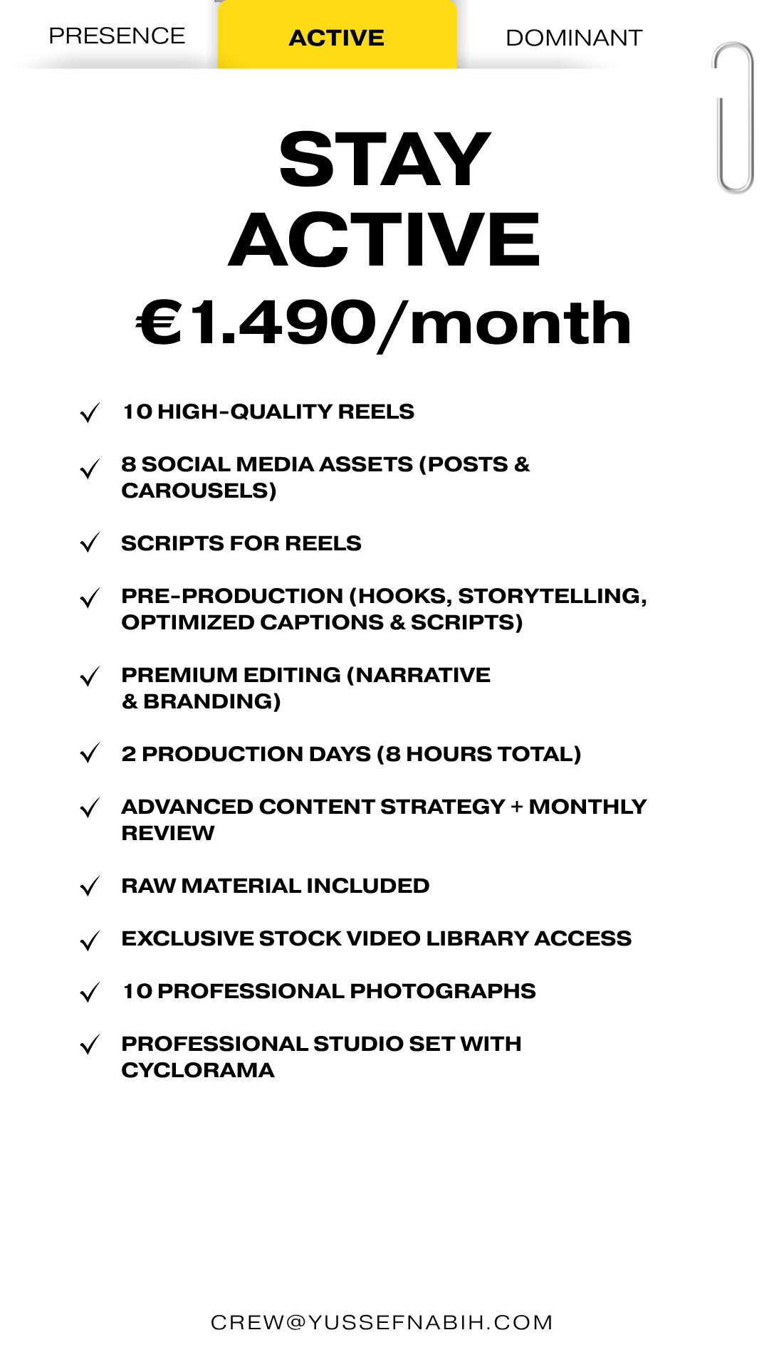 "Stay Active" Package by Yussef Co. Madrid: 10 reels, 8 assets, 10 professional photos, cyclorama studio setup, premium editing, and advanced strategy. €1,490/month.