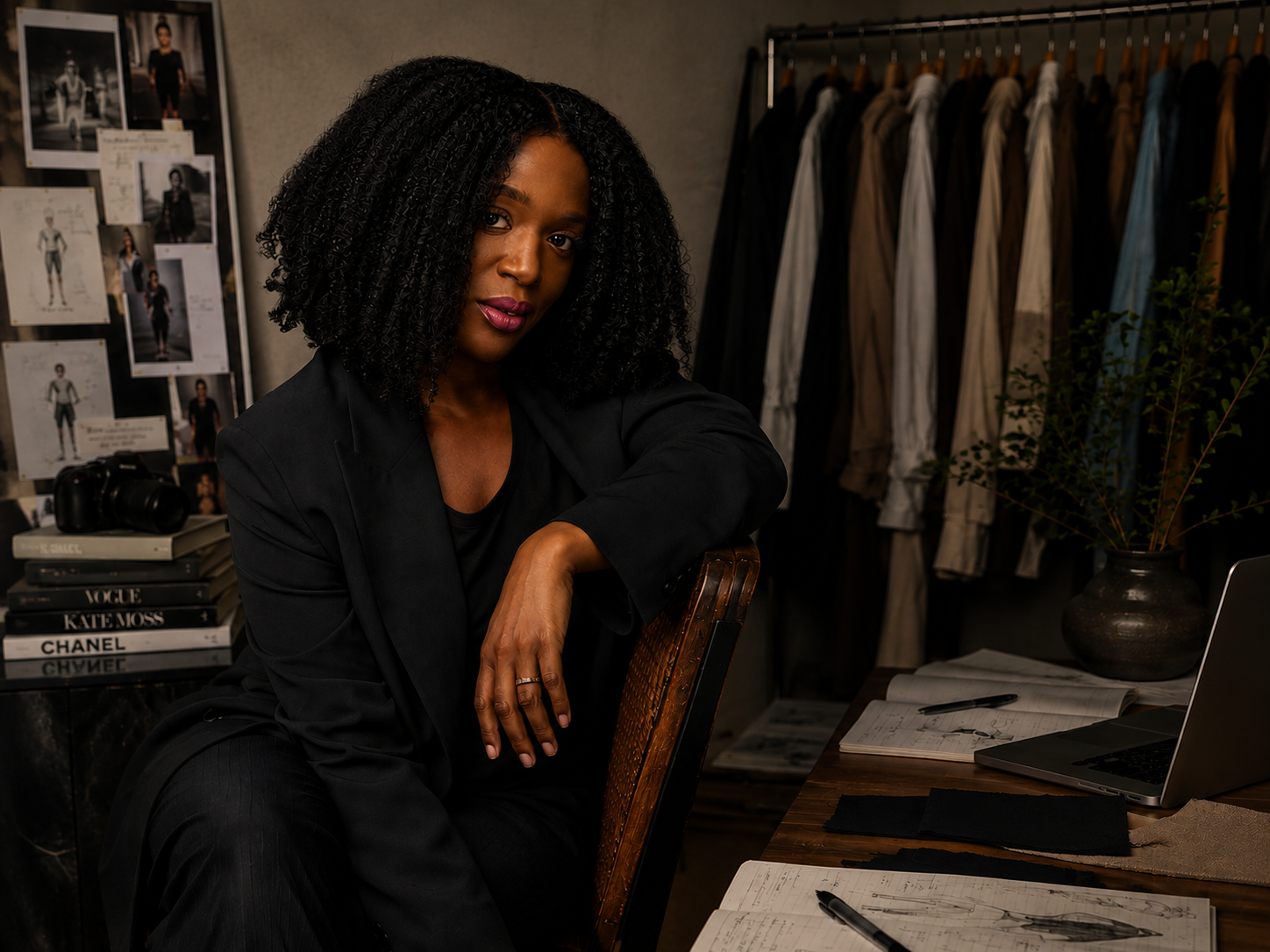 A woman with curly black hair and dark lipstick sitting in a fashion design studio surrounded by clothing racks, design sketches, fashion photography, and style books.